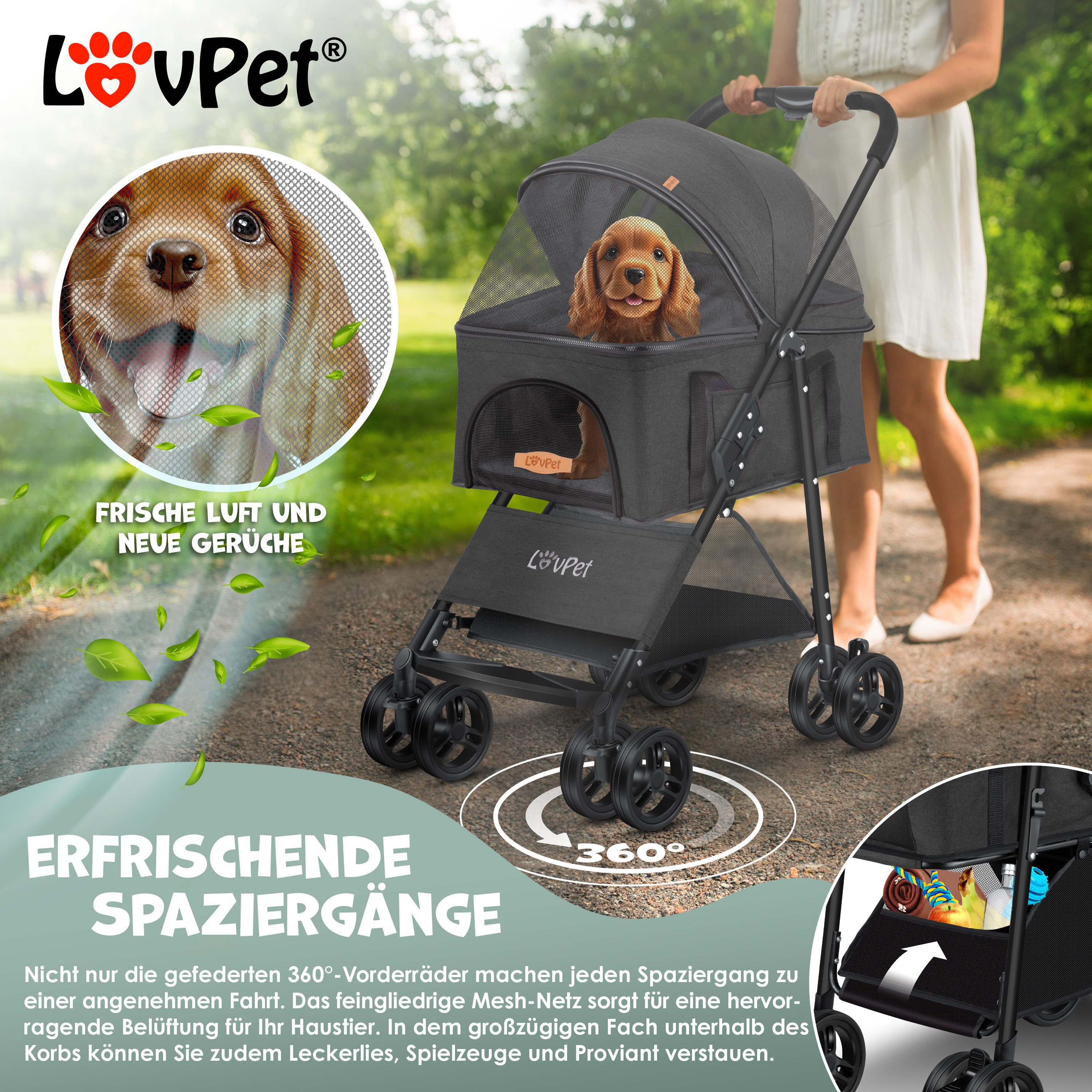 Lovpet Hundebuggy 2in1 Hundewagen max. bis 20kg Buggy für Haustiere, (Hundebox & Tasche mit Regenschutzabdeckung Getränkehalter Kuscheldecke), Haustier- & Katzenbuggy faltbar & klappbar mit Netzfenster