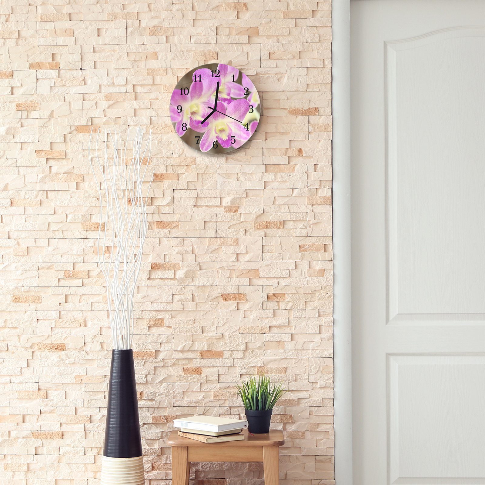 Primedeco Wanduhr Rund Motiv Durchmesser mit Glas und cm Orchideenpflanze aus Quarzuhrwerk mit 30 - Wanduhr