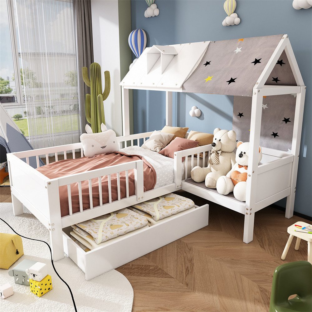 XDeer Einzelbett Hausförmiges Kinderbett aus Holz, Einzelbett, multifunktional, mit Zeltstoff & Kissen, Schubladen unten, ohne Matratze