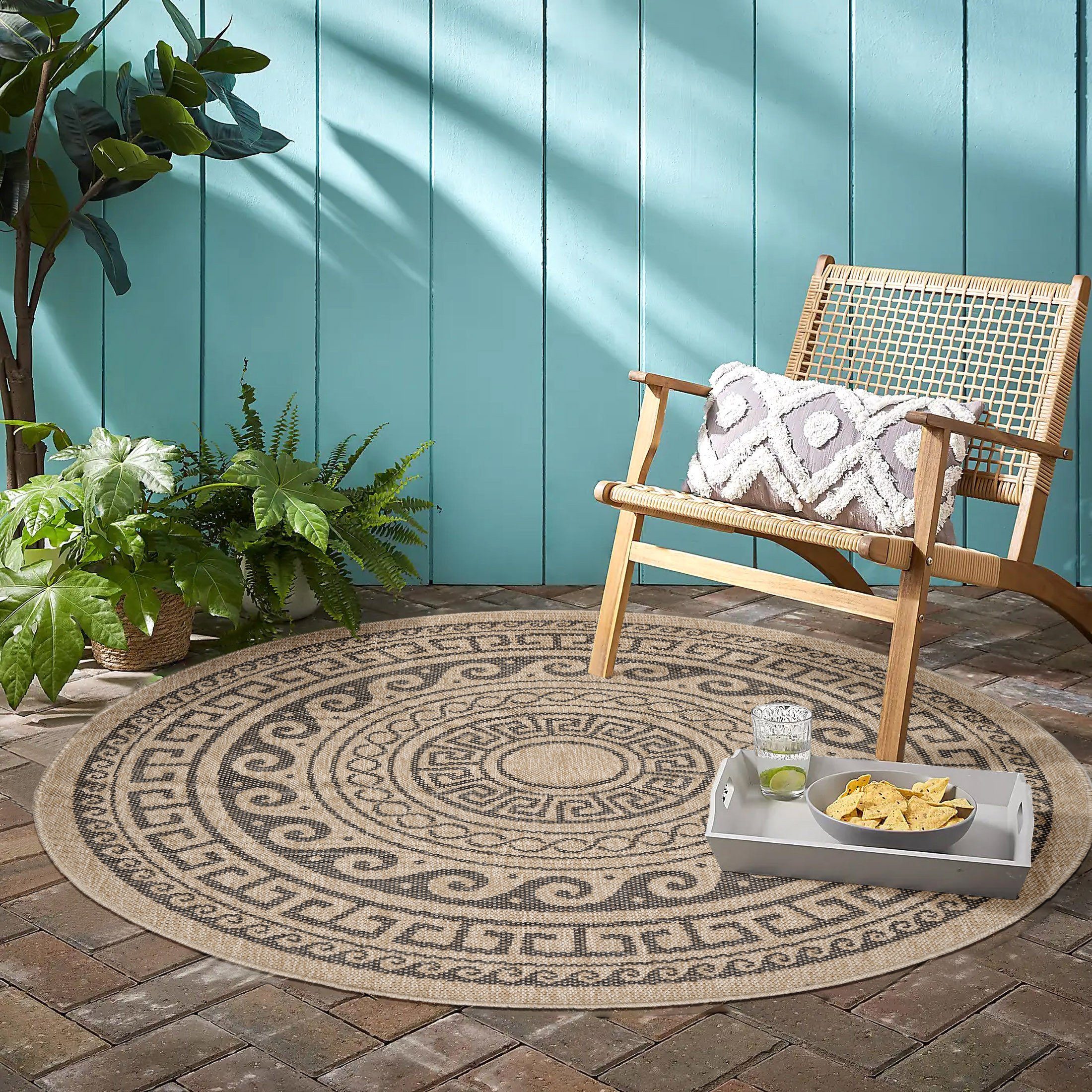 Stilvoll Günstig Outdoorteppich Wetterfest Garten Balkon oder Schlaf-Wohnzimmer Vintage Design, Rund, Höhe: 5 mm