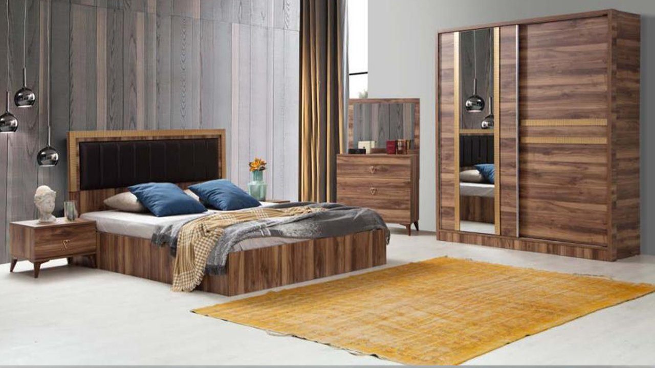JVmoebel Schlafzimmer-Set Modern Schlafzimmer Set Bett 2x Nachttische Kommode mit Spiegel, Made In Europe
