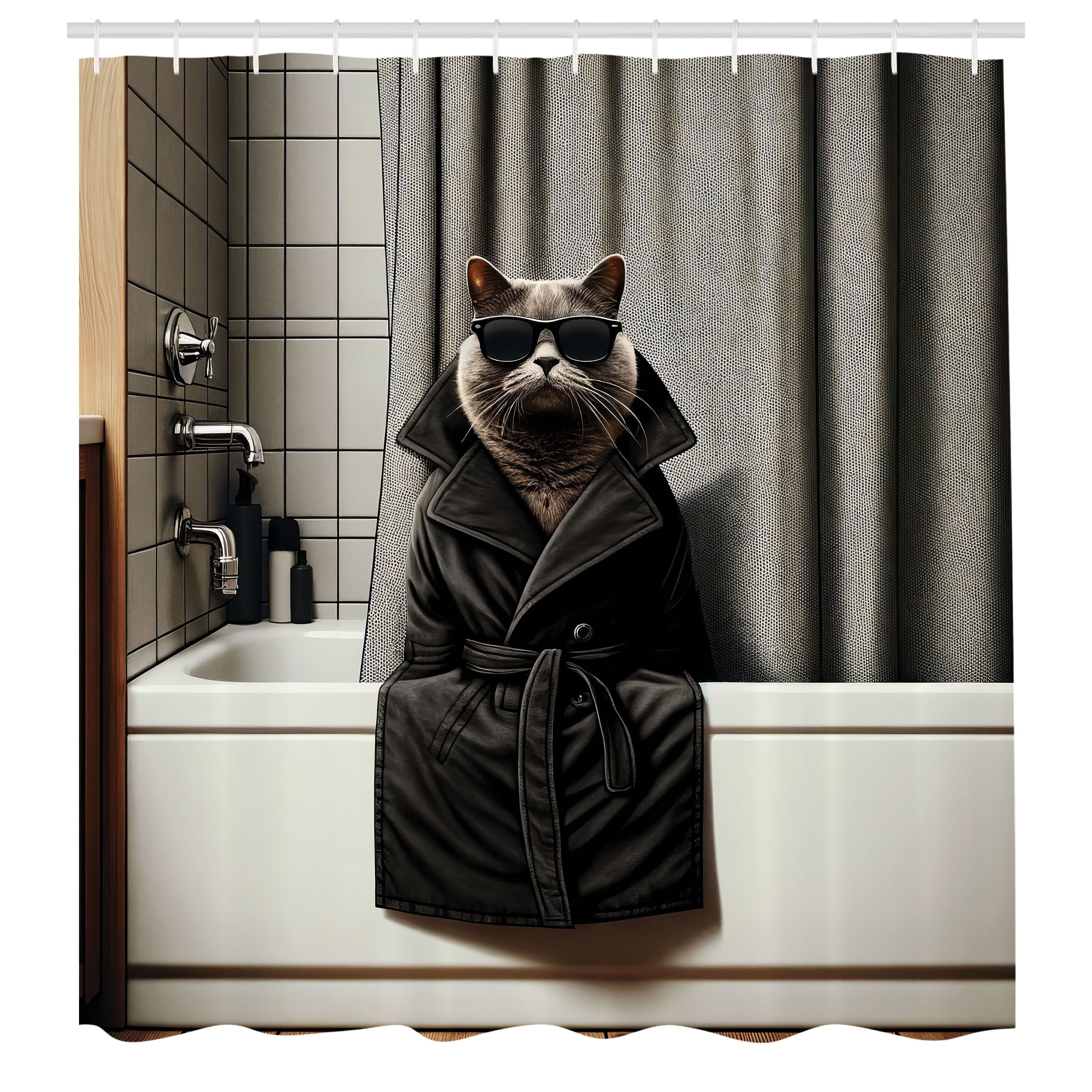 Abakuhaus Duschvorhang Moderner Digitaldruck mit 12 Haken auf Stoff Wasser Resistent Breite 175 cm, Höhe 180 cm, Katze Realistische Coole Kitty Mysteriös