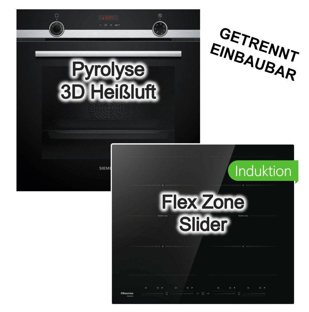 SIEMENS Backofen-Set Pyrolyse Dampf Teleskopauszug + Hisense Induktionskochfeld Flex Boost, mit 1-fach Teilauszug, Pyrolyse-Selbstreinigung
