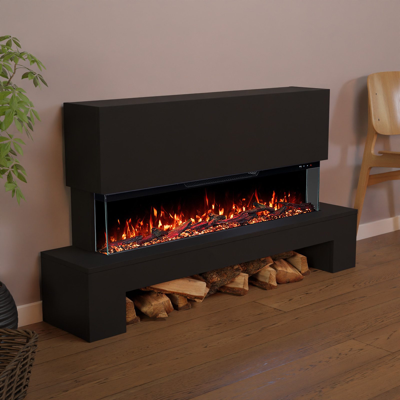 GLOW FIRE Elektrokamin Cobalt mit Holzfach, Standkamin mit 3D Feuer und Heizung (Thermostat), Elektrischer Kamin mit APP Steuerung, Heizleistung (900- 1800 W)