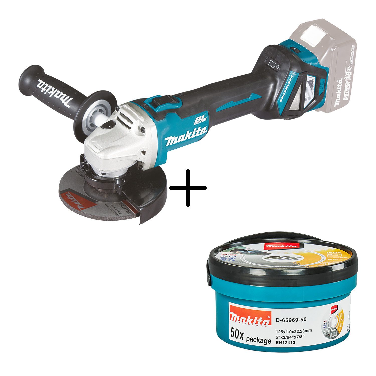 Makita Akku-Winkelschleifer DGA511Z 18V + Trennscheibe INOX 125x1,0mm 50Stk. D-65969-50, max. 8500 U/min