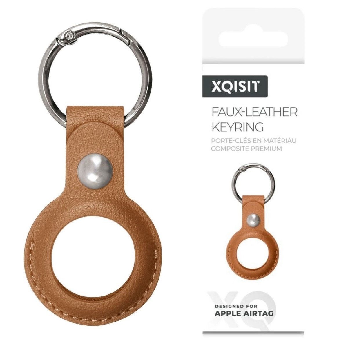 XQISIT Handyhülle Anhänger Case Kunstleder Schlüsselanhänger Braun, Keyring Schutz-Hülle Case für Apple Airtag