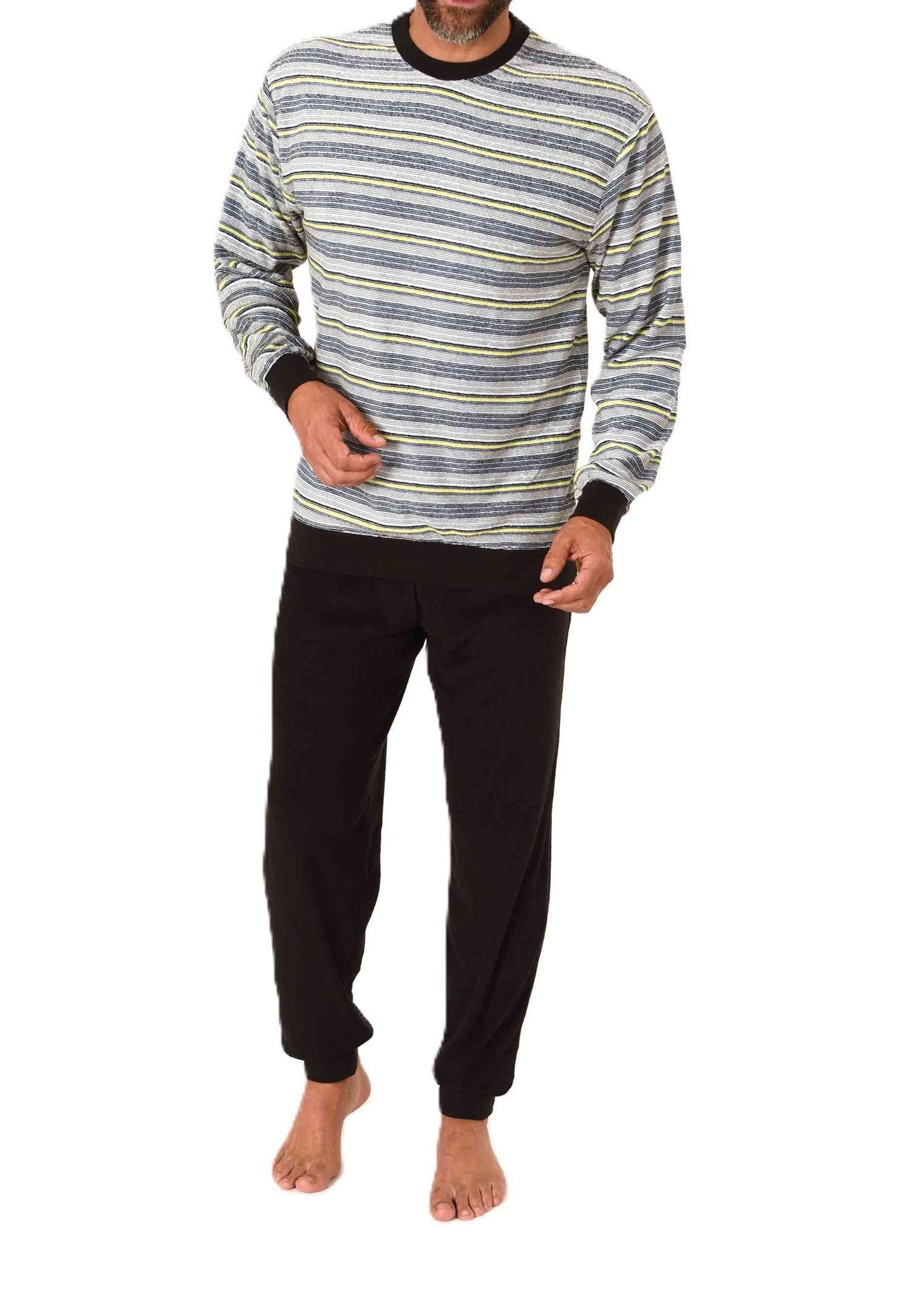 Pyjama Herren langarm Frottee Schlafanzug mit Bündchen in gestreifter Optik