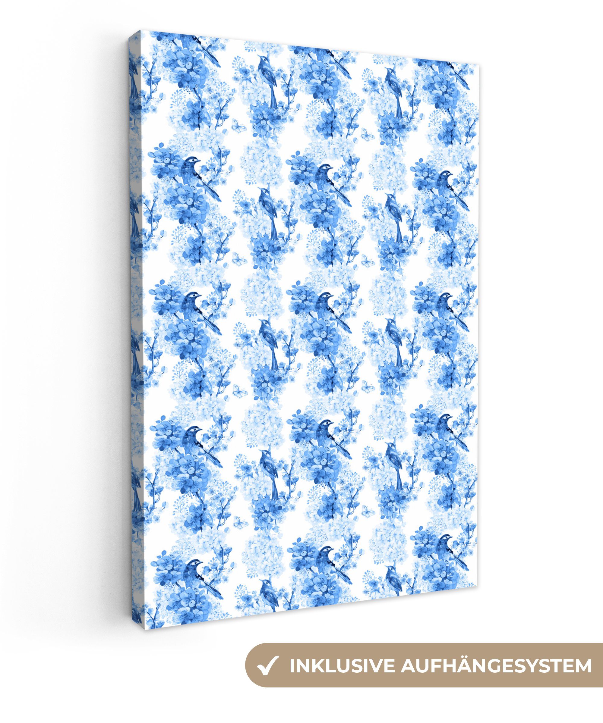OneMillionCanvasses® Leinwandbild fertig - inkl. 20x30 Leinwandbild (1 Zackenaufhänger, Vögel cm Gemälde, Blumen Blau, bespannt - St)