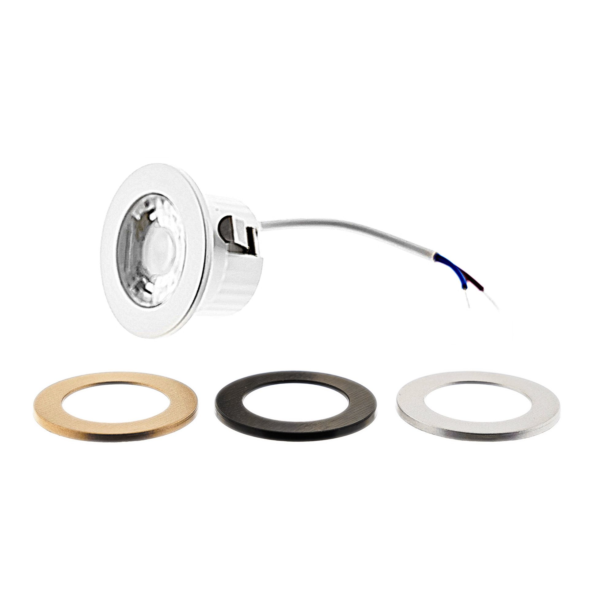 Mundotec LED Einbaustrahler Minispot, 3 Watt, CCT, 240 lumen, 3CCT Schalter im Gehäuse, LED fest integriert, Universalweiß, Warmweiß, Tageslichtweiß, Austauschbare Zierringe in den Farben: weiß/schwarz/gold/silber