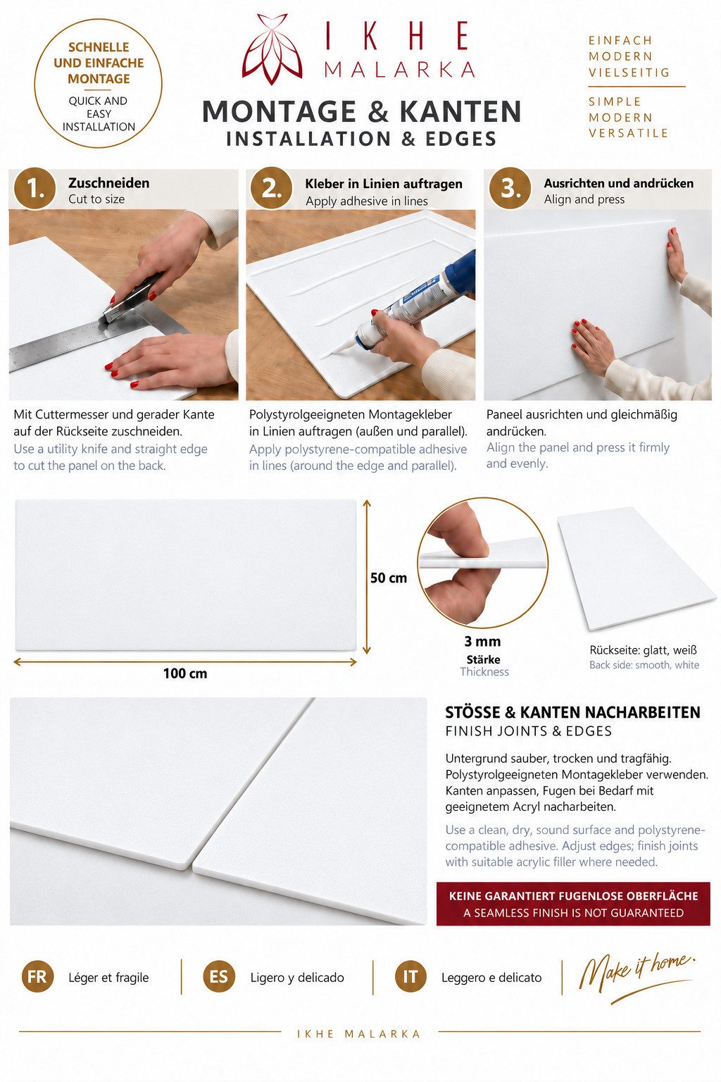 IKHEMalarka 3D Wandpaneel Betonoptik Marmor Ziegel aus Polystyrol Styropor XPS, BxL: 50,00x100,00 cm, 0,50 qm, (1 Stück, 0,5m) Deckenpaneelen - 3mm dick - 100x5 – Bild 5 von 5