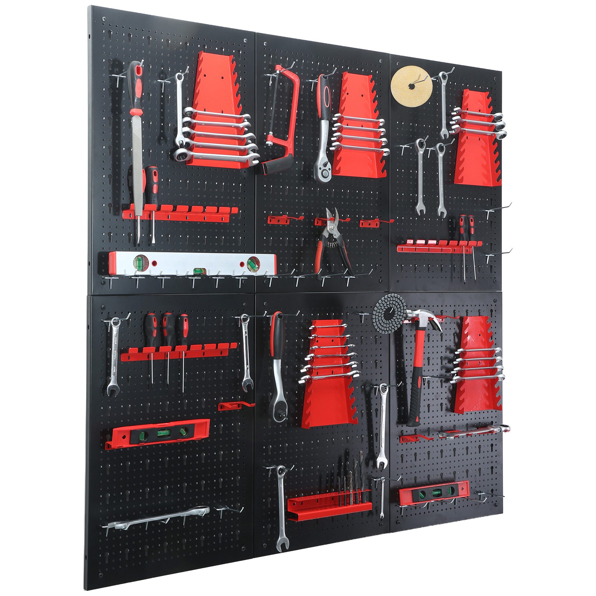 Floordirekt Werkzeughalter Werkzeugwand Parker Lochwand Set Metall mit Zubehör Lochplatte modular, 6-tlg., Schwarz (Platten), Rot (Zubehör), ca. 15 kg pro Platte