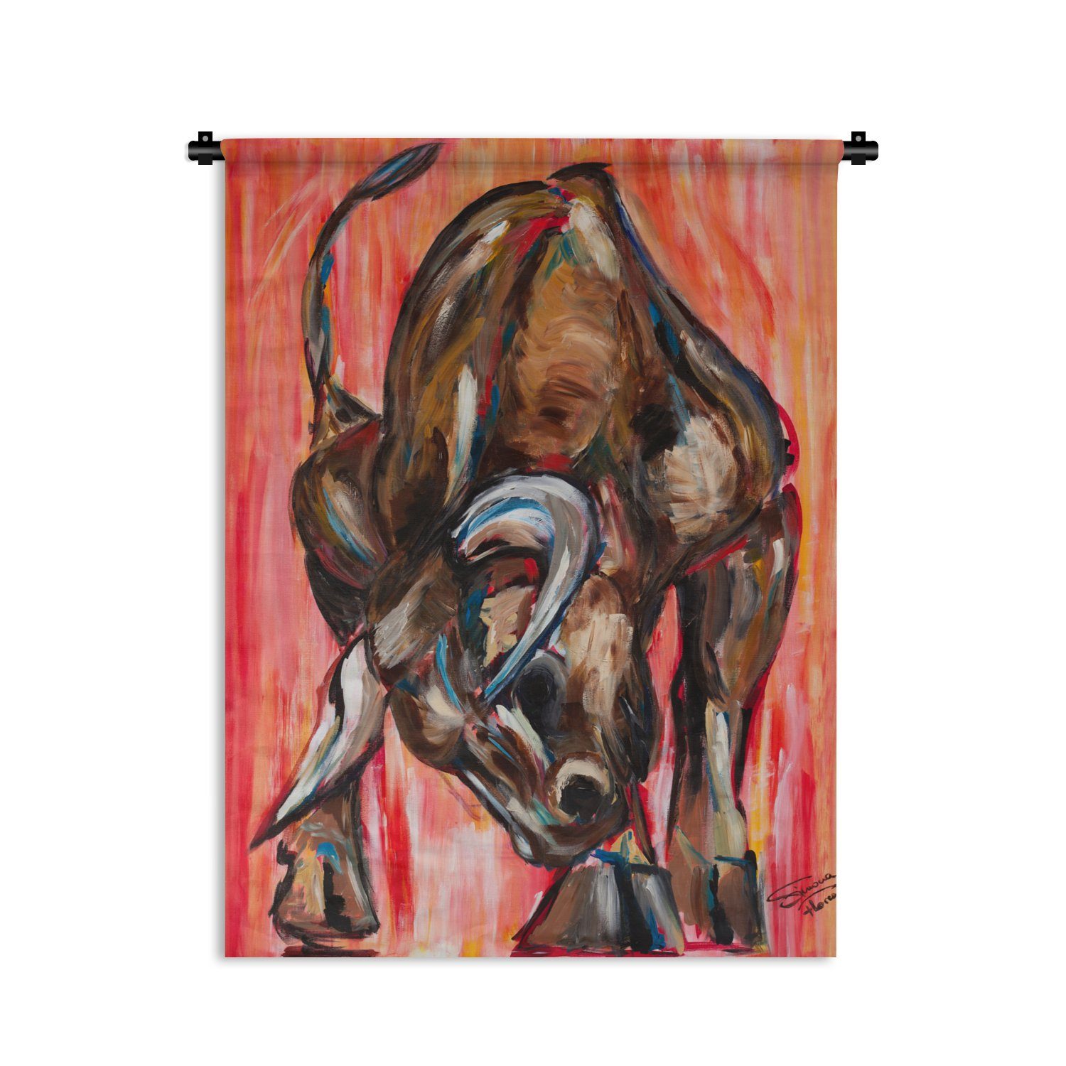MuchoWow Wanddekoobjekt Stier - Rot - Tiere - Gemälde, Deko für an der Wand, Wohnzimmer, Tapisserie, Schlafzimmer