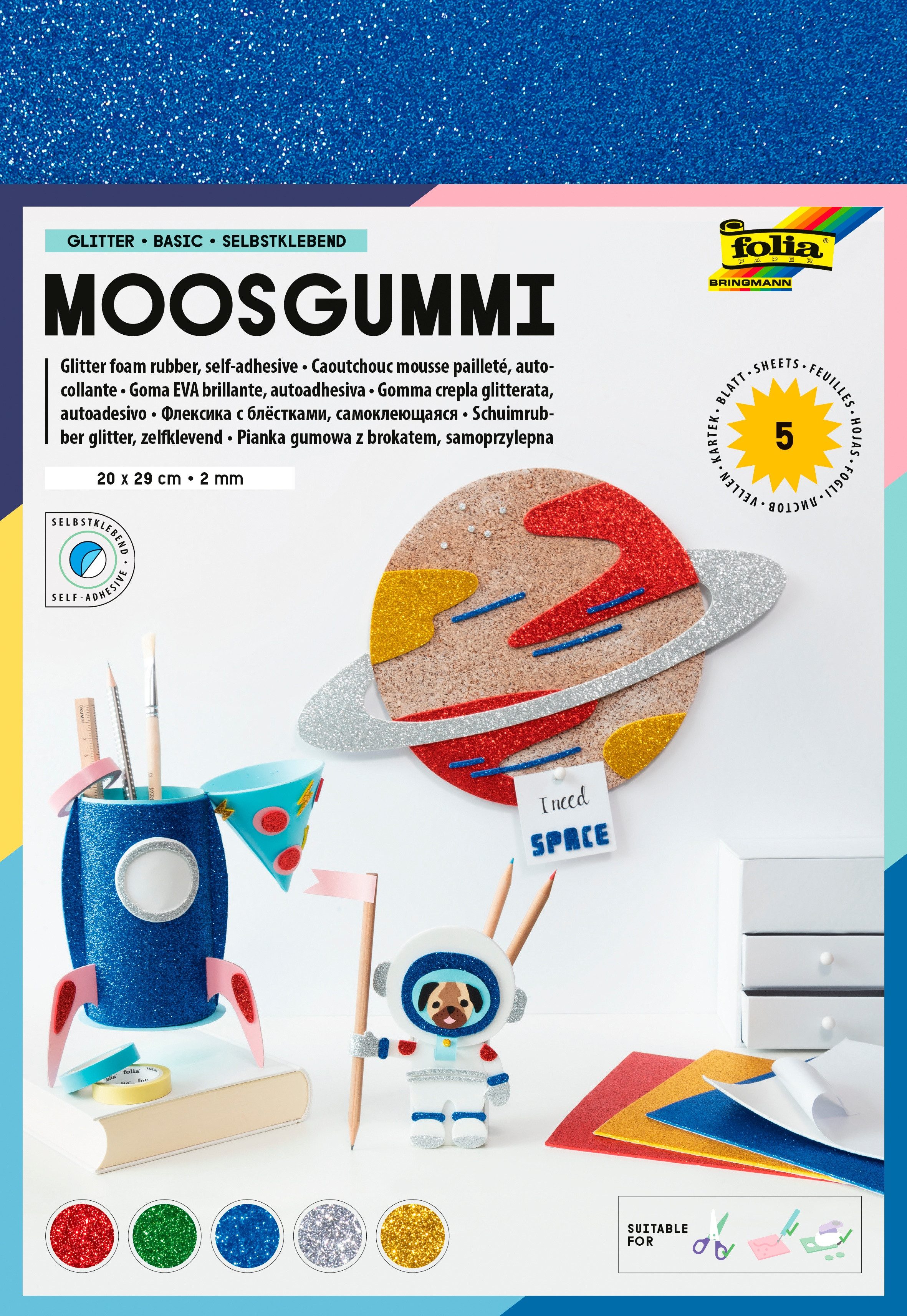 Folia Moosgummi Selbstklebendes Glitzer-Moosgummi, 5 Bogen