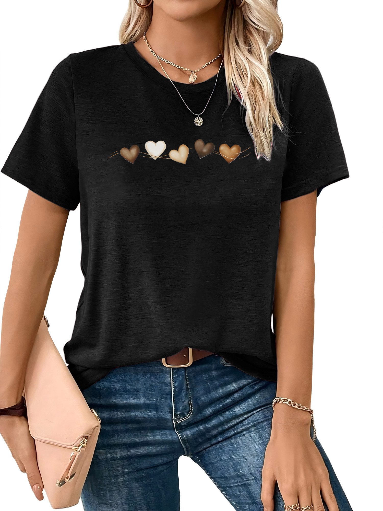 PYLIKE Rundhalsshirt Damen bequemes Sommer Kurzarmbluse Locker Liebe Print-Shirt Bequem für Freizeit und Büro,Strandurlaub