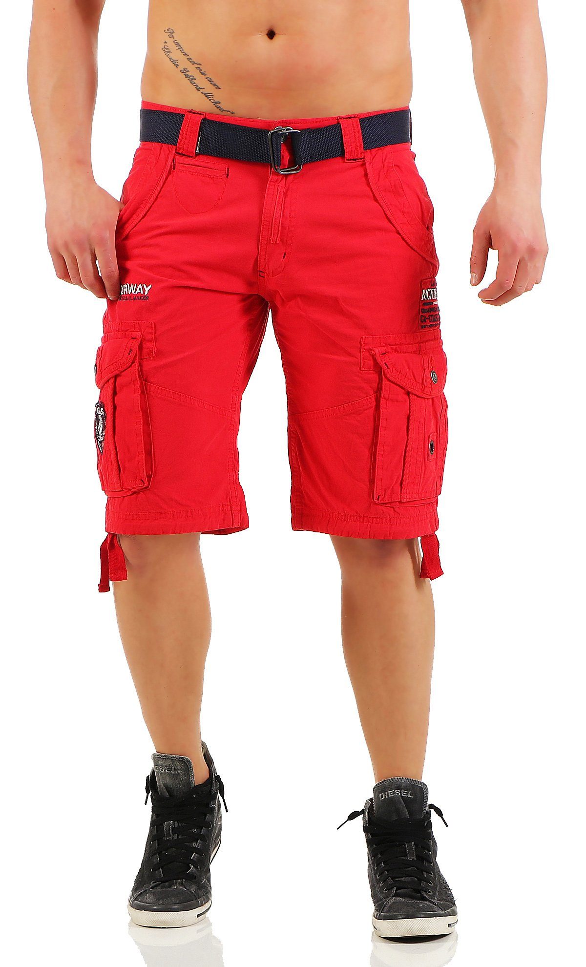 Herren Rot abnehmbarem POUDRE Hose, unifarben Geographical kurze Norway Shorts, Geographical (mit Cargoshorts Norway Gürtel) Shorts