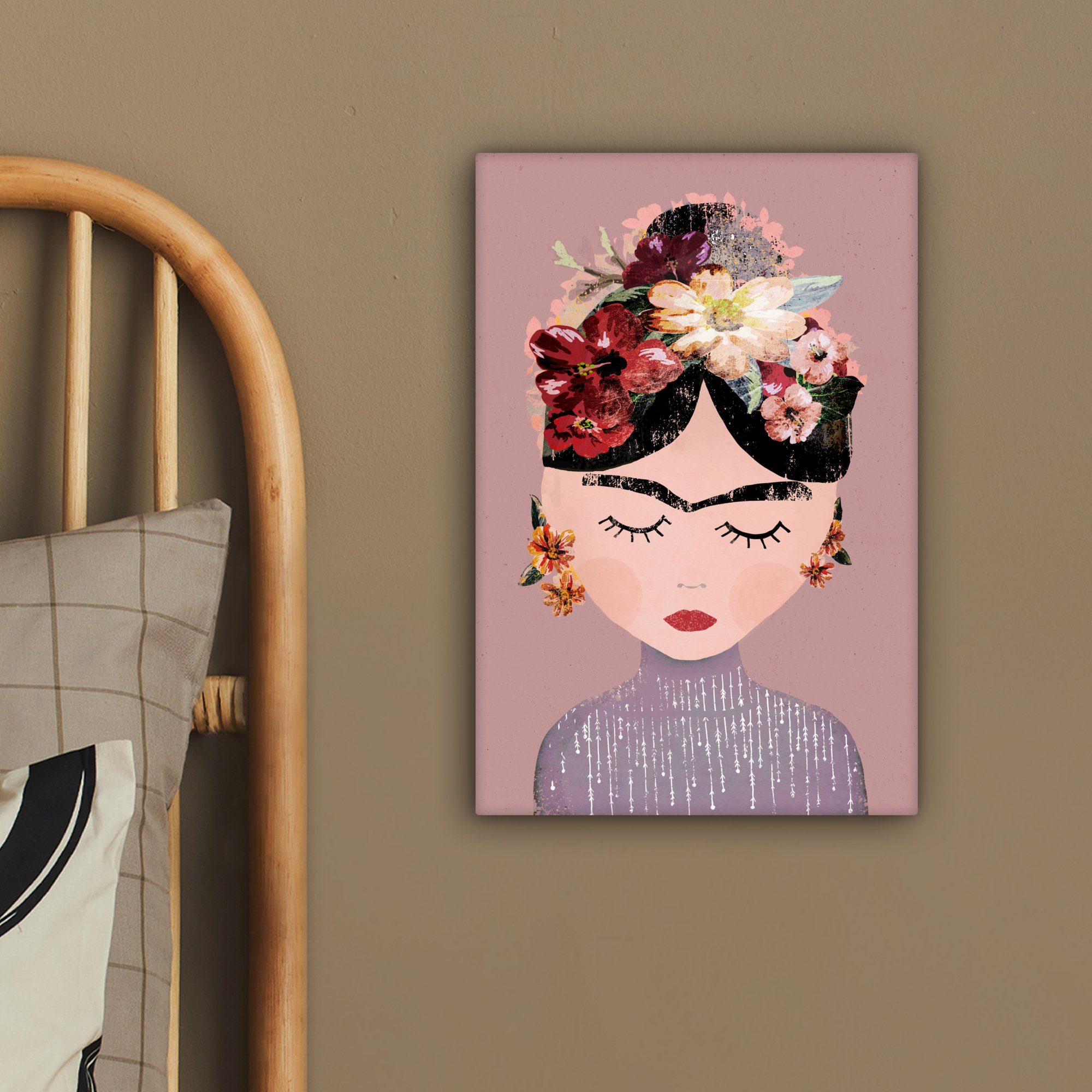 OneMillionCanvasses® Leinwandbild Pastell - Frau - Blumen - Kunst - Frida Kahlo, Fotodruck (1 St), Leinwand Canvas Wandbild, Wanddekoration 20x30 cm – Bild 4 von 5