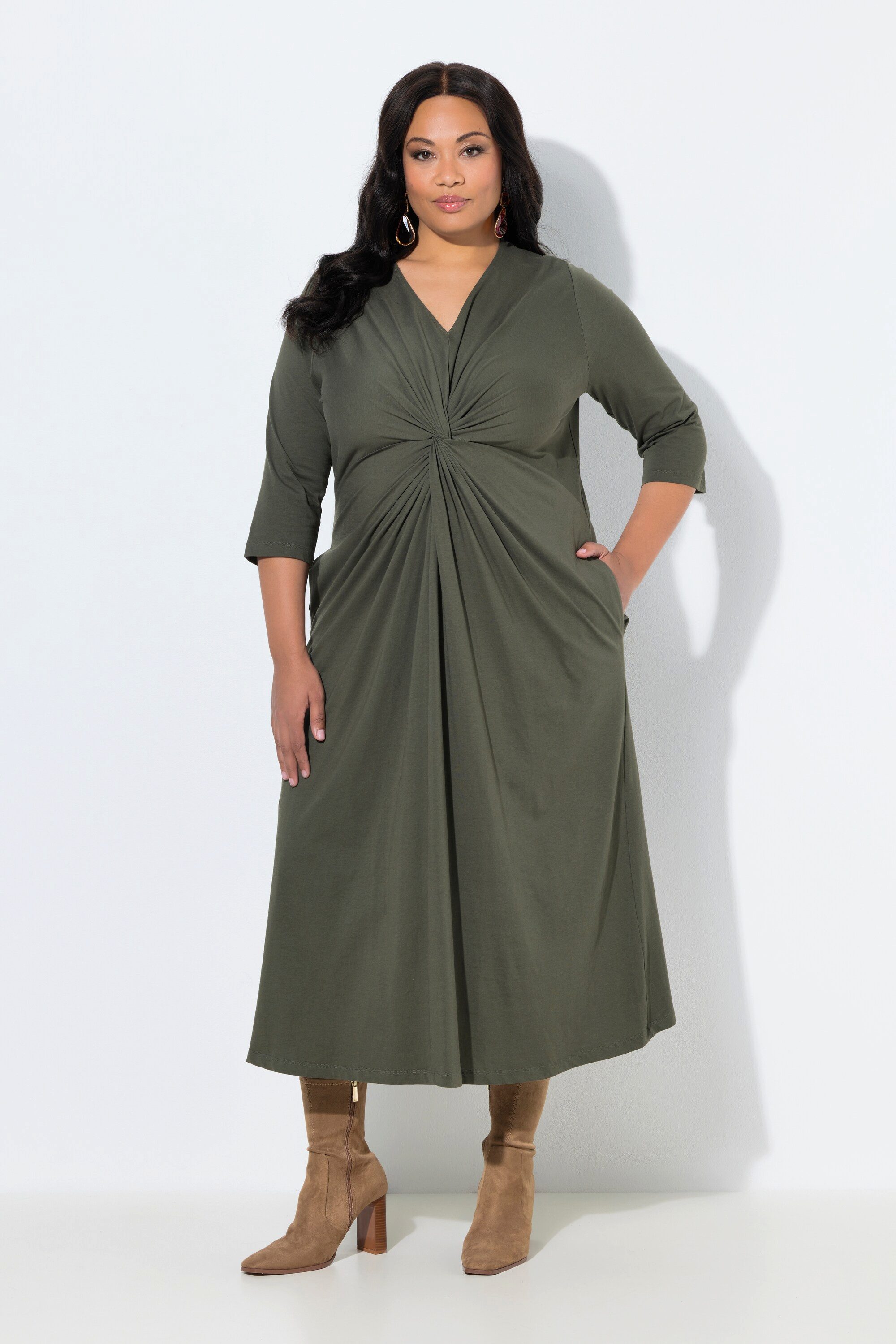 Ulla Popken Maxikleid Maxikleid drapiert A-Linie V-Ausschnitt 3/4-Arm