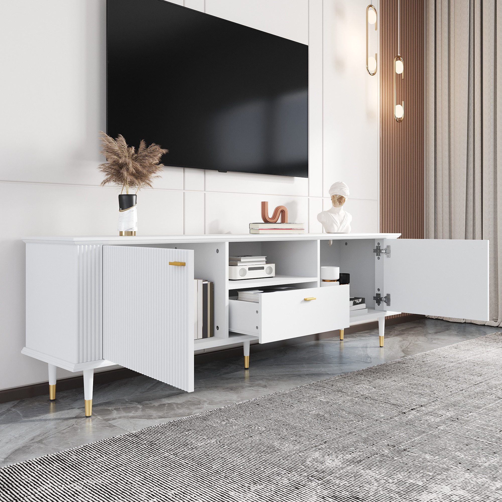 BlingBin TV-Schrank 170x36x54.5cm Mit Schubladen Und Fächern Lackierte Strukturoberfläche (1 Stück, 1-St., 170x36x54.5cm) Medienmöbel Modern Mit Soft Close Scharnieren Für Wohnzimmer