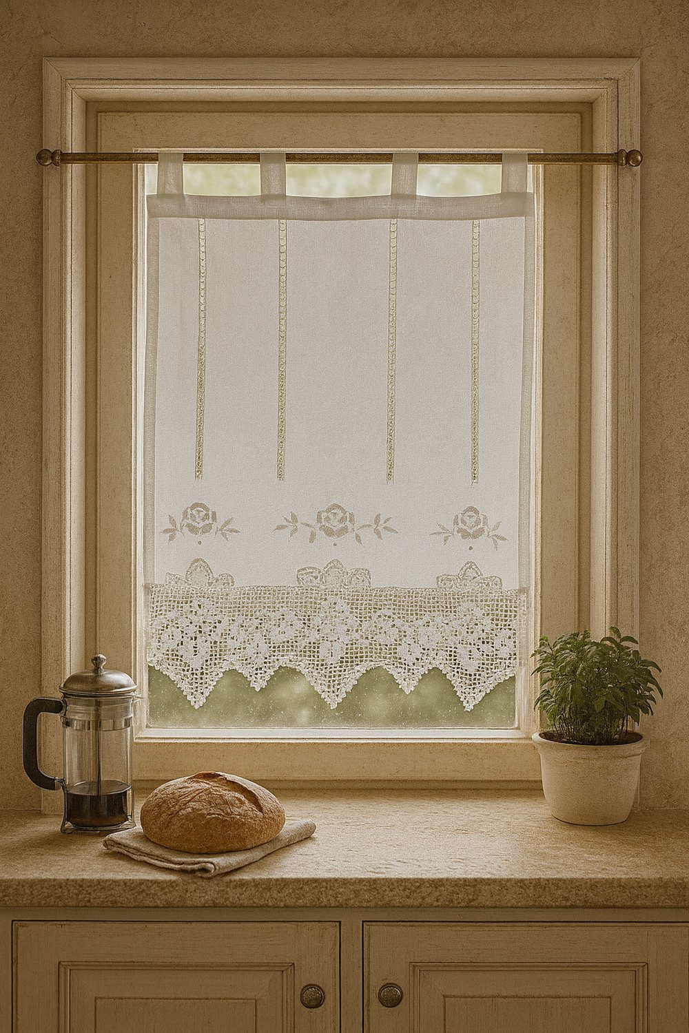 HOSSNER - ART OF HOME DECO Scheibengardine 40x75 cm (1 St), Schlaufen, blickdicht, Baumwolle, Vintage, Romantische Stickerei