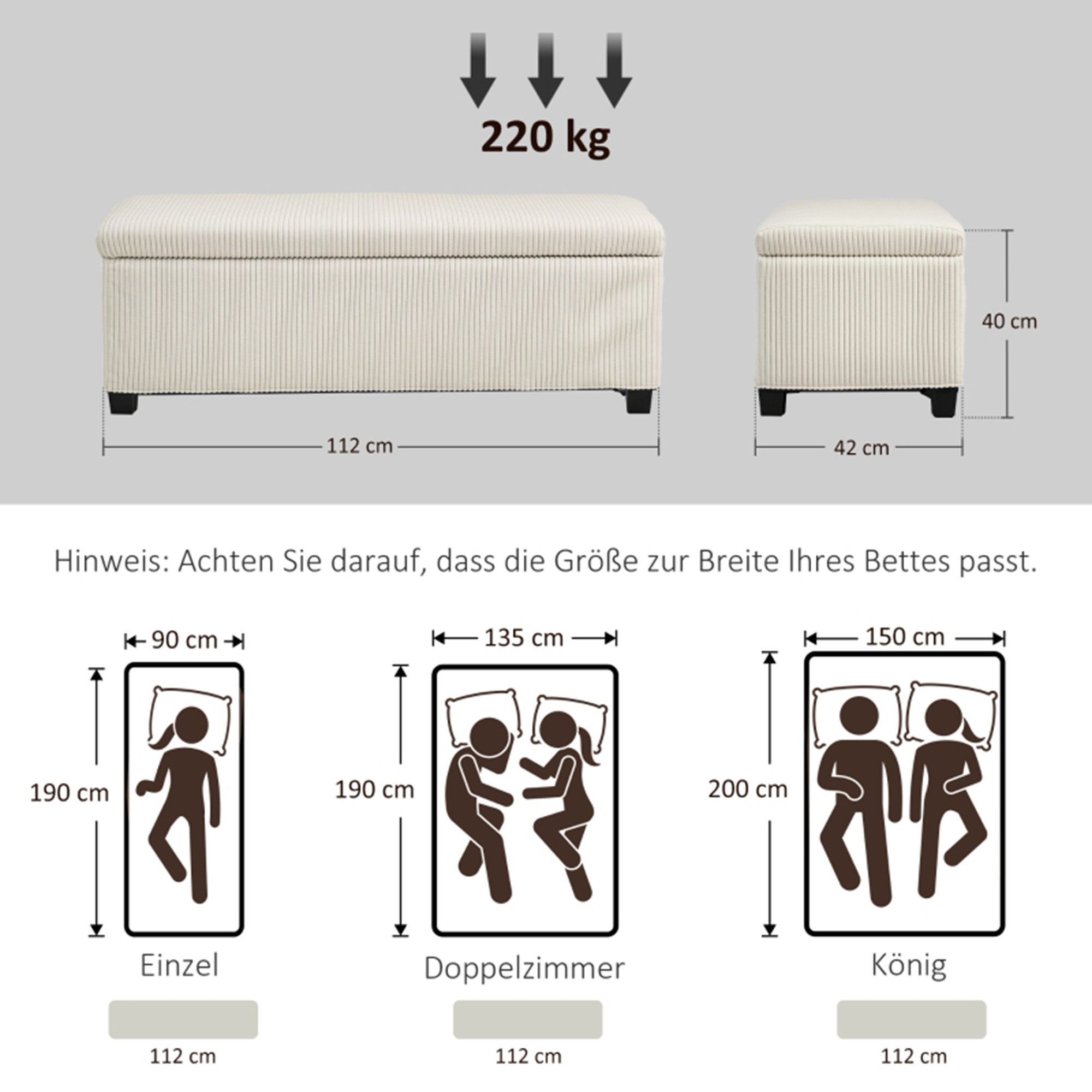 MC Star Sitzbank mit Stauraum Polsterbank mit Cord-Optik, Sitztruhe mit Stahlbeine (Truhenbank für Wohnzimmer, Schlafzimmer, Flur 112 x 42 x 40 cm, Beige)