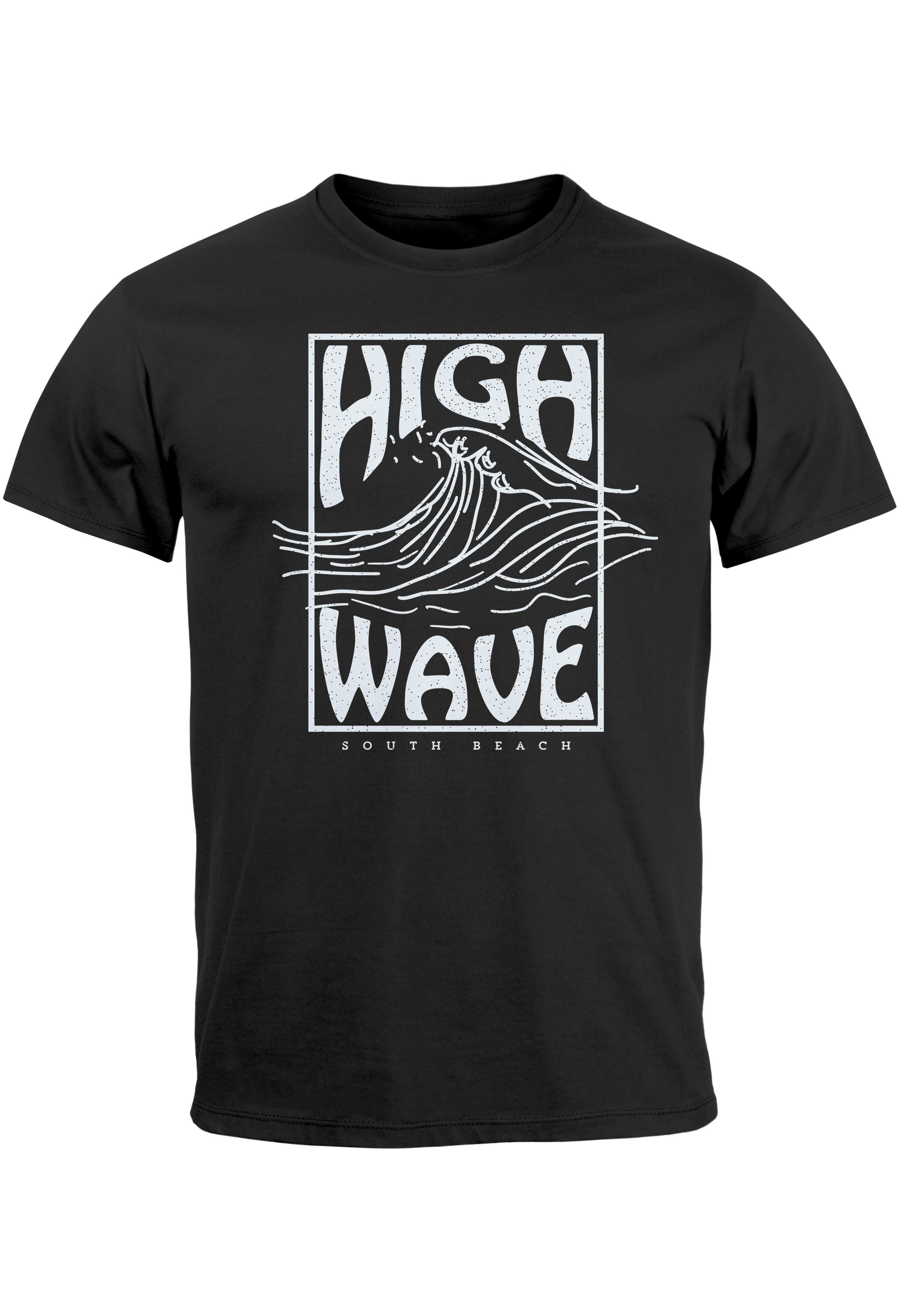 Neverless Print-Shirt Herren T-Shirt High Wave Welle Schrift Line Art Logo Surfing Aufdruck mit Print schwarz
