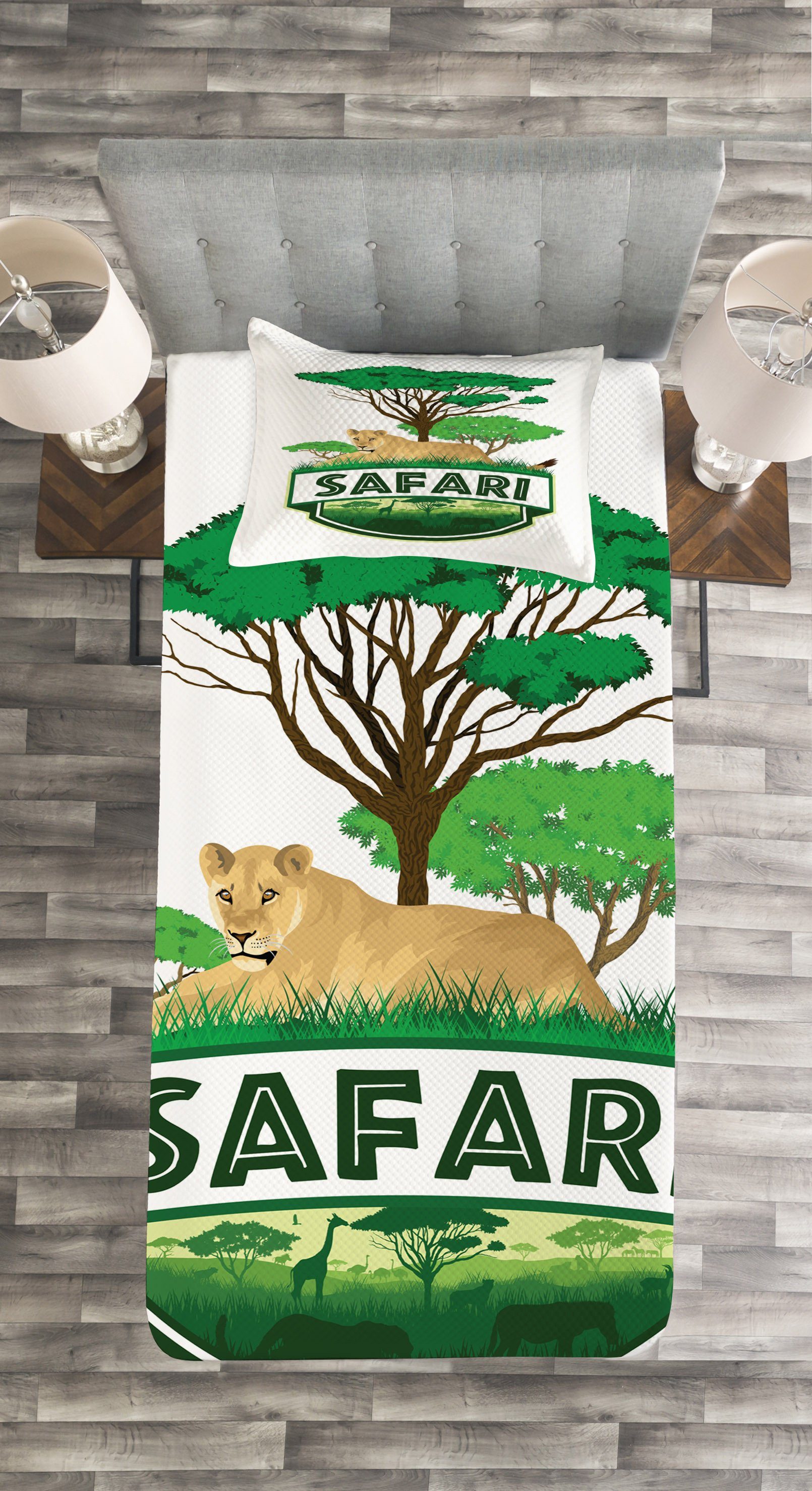 Tagesdecke Set Trees Waschbar, Green Lion African Safari Kissenbezügen mit Abakuhaus