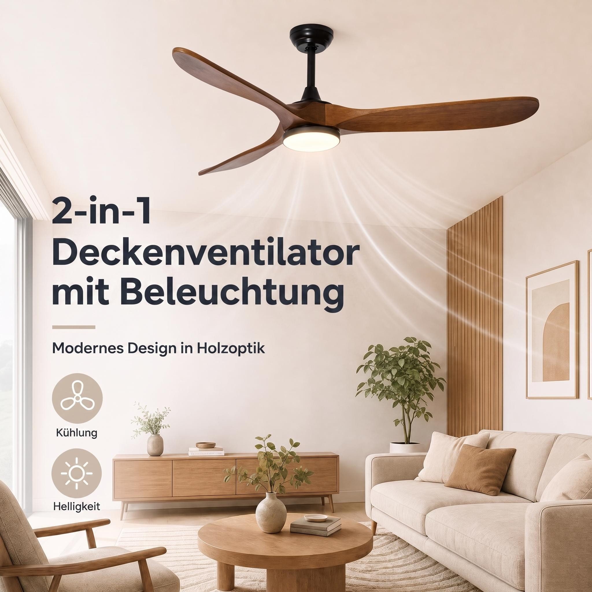 GarveeMore Deckenventilator mit LED Licht & Fernbedienung & 3 Flügel für Indoor, leise, Holzoptik, 132 cm, DC Motor, 6 Geschwindigkeiten, 3 Lichtfarben, dimmbar – Bild 4 von 5