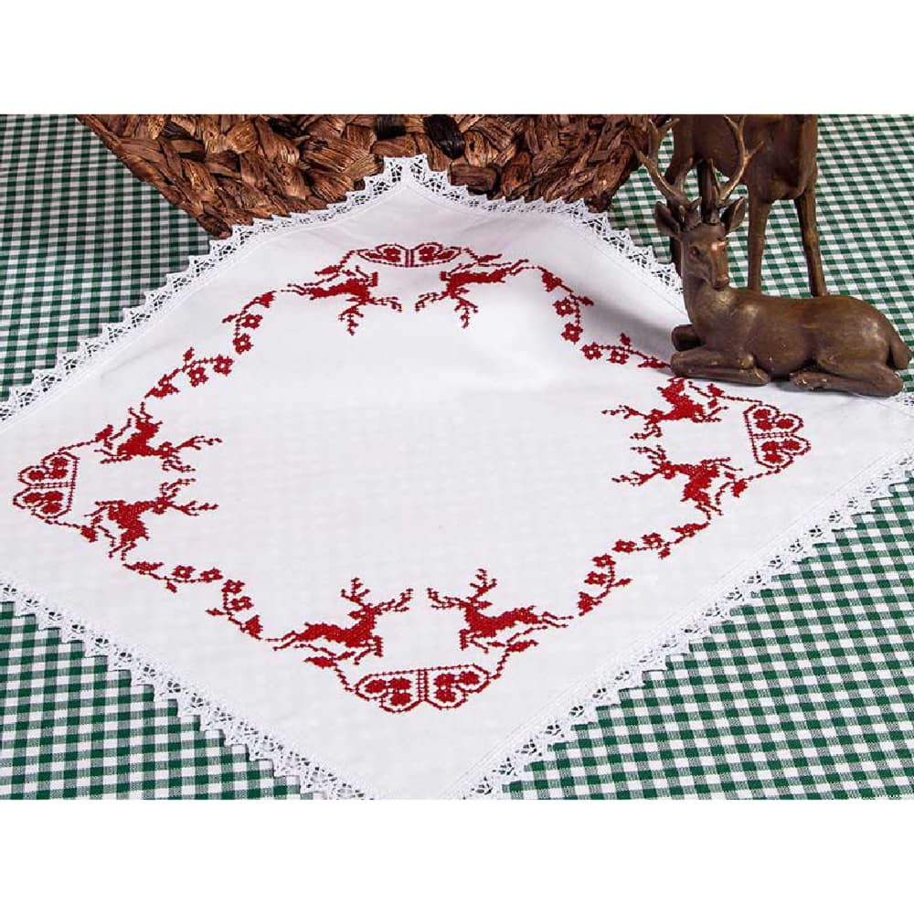Hofer Kreativset Bestickbare Brotkorbdecke mit Spitze & Aida-Feld (45x45 cm) – Weiß, (embroidery kit by Marussia)