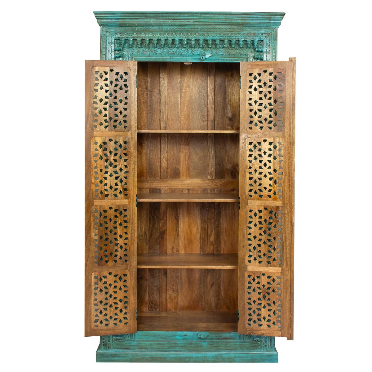 Oriental Galerie Mehrzweckschrank Antik Design Schrank Amba Indien 190 cm Schrank Türkis Holz, Schlafzimmerschrank, Wohnzimmer