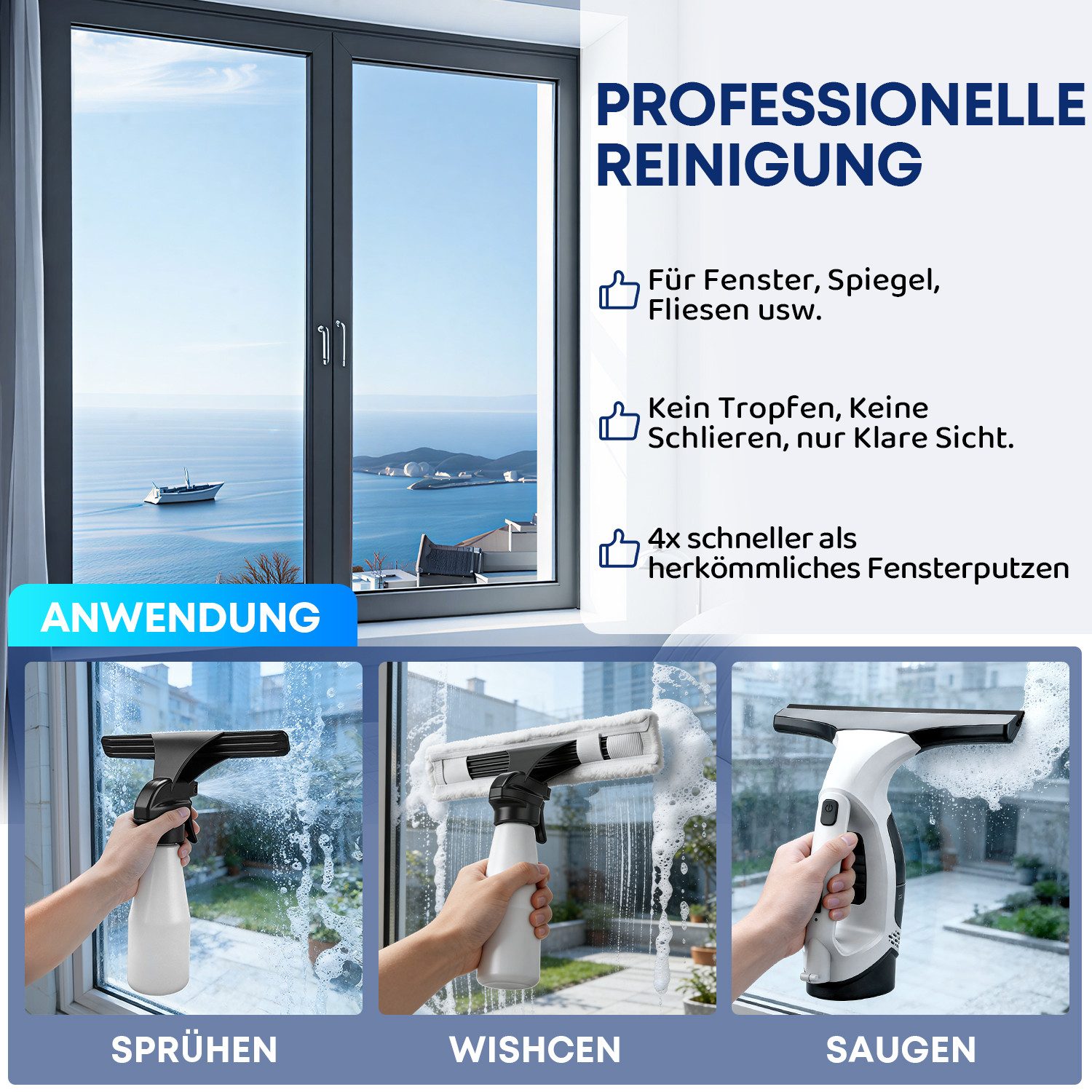 CkeyiN Akku-Fenstersauger Akku-Fensterreiniger mit 1 m verstellbarer Teleskopstange 2200mAh-Akku, Laufzeit 35 minuten 90 m² pro Ladung mit Gießkanne 1 Mikrofasertuch
