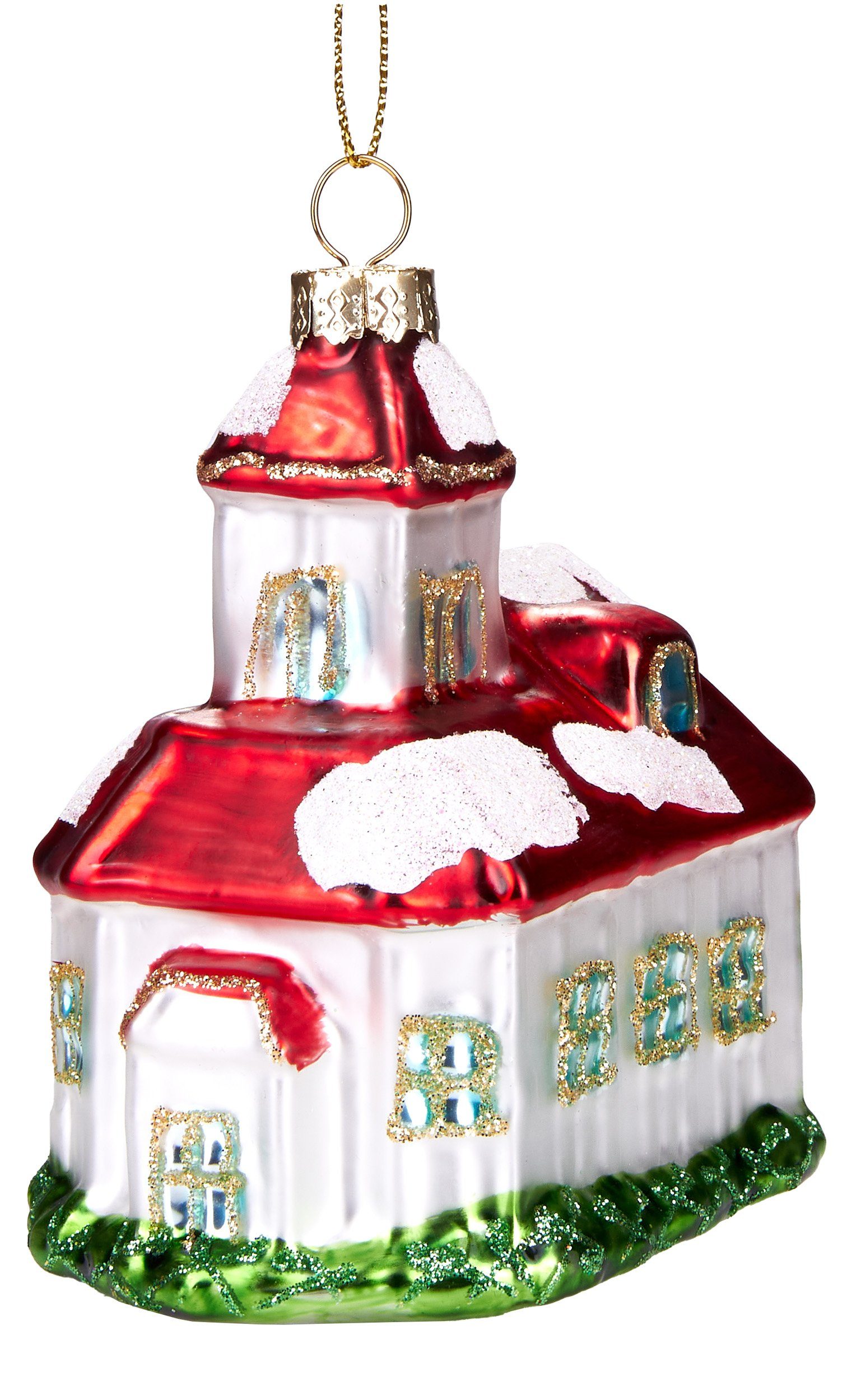 BRUBAKER Christbaumschmuck Mundgeblasene Baumkugel Verschneite Kirche, schöner Weihnachtsanhänger aus Glas, handbemalt