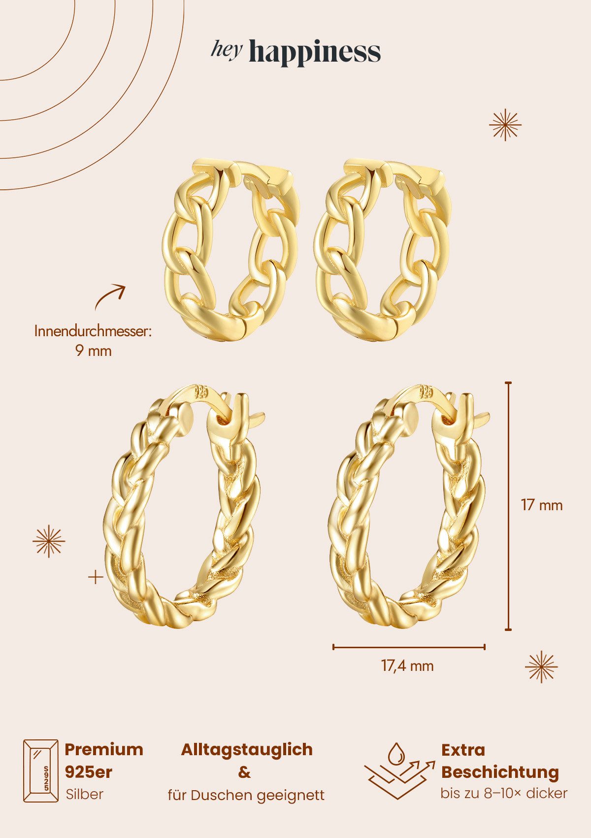 Hey Happiness Creolen-Set Verflochten, Glieder Layer Set 4-tlg., Kleine 925 Silber Ohrringe Huggies & Hoops, für Damen – Bild 5 von 5