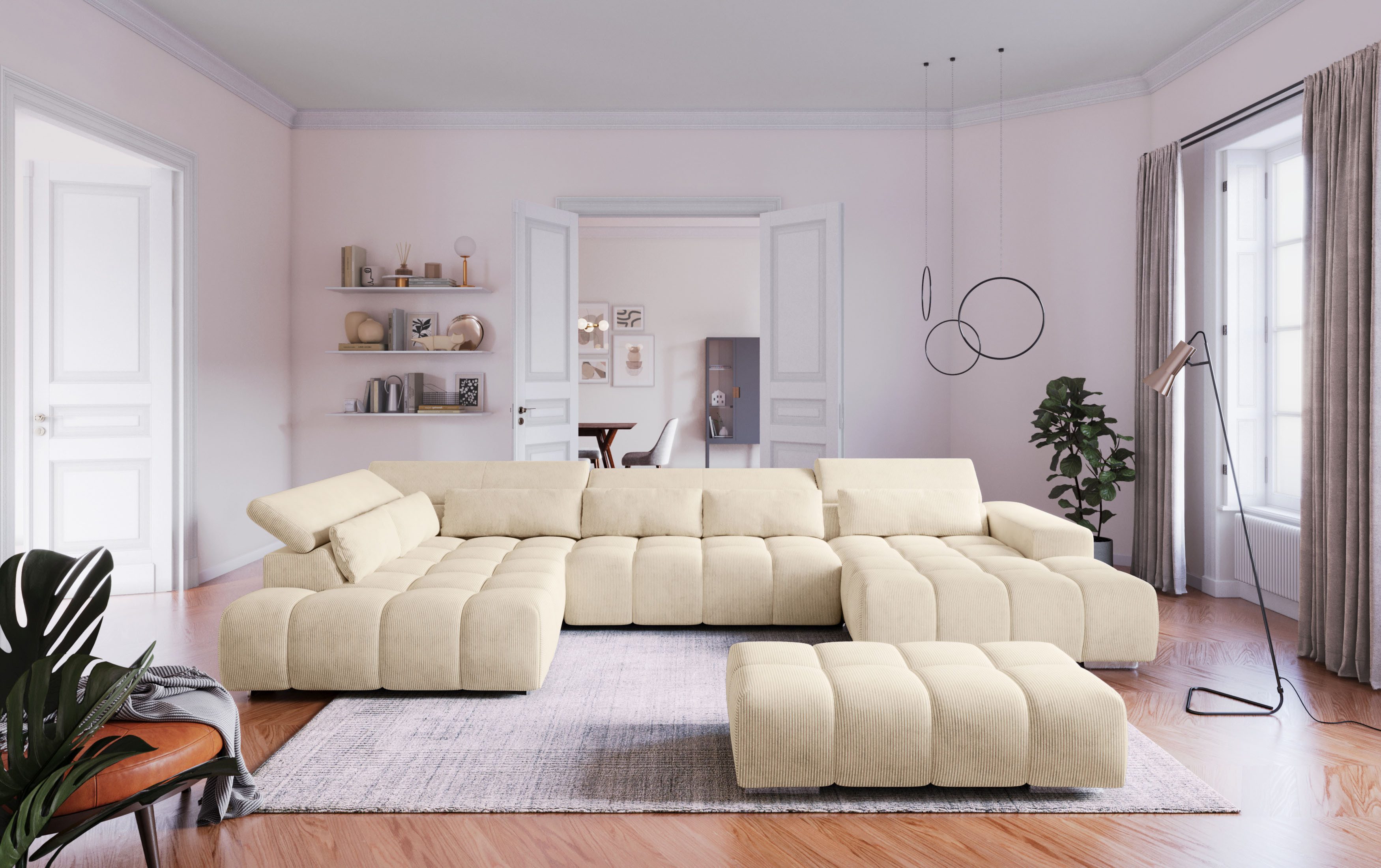 COTTA Wohnlandschaft Orion U-Form XXL, B: 409 cm, bequeme Wellenunterfederung, top modern, mit Kopfteilverstellung & 6 Nierenkissen
