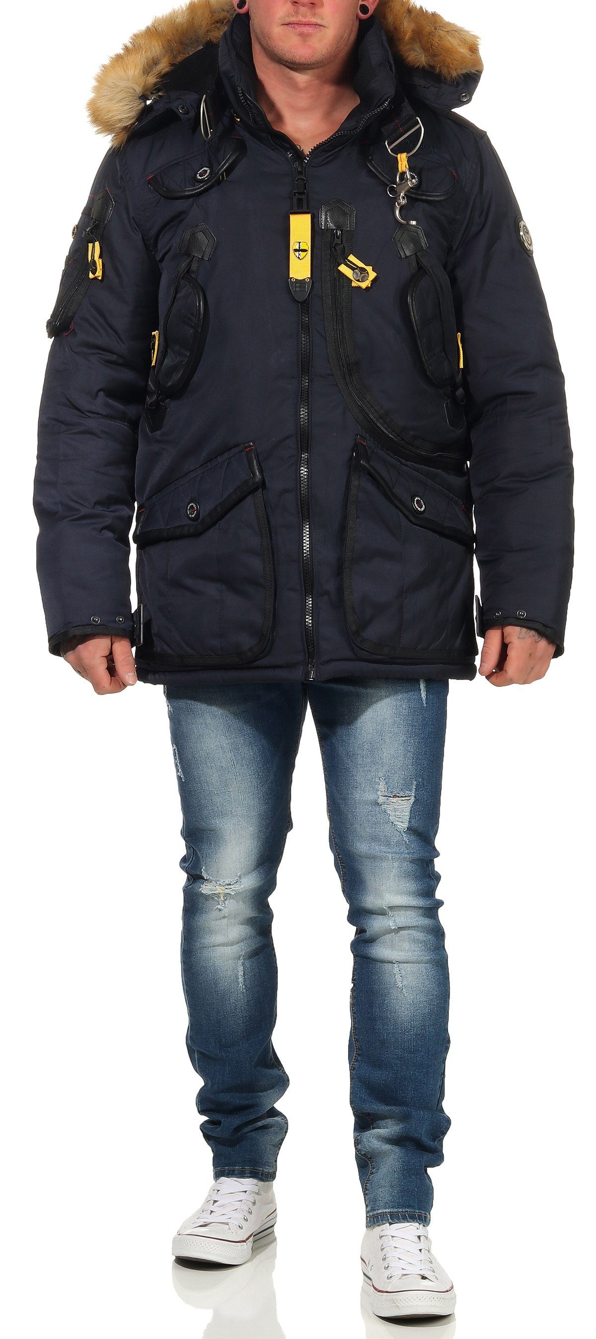 Geographical Norway Winterjacke Herren Multifunktionsparka mit modischem Design in Unifarbe, mit abnehmbarer Kapuze, mit zahlreichen Außentaschen