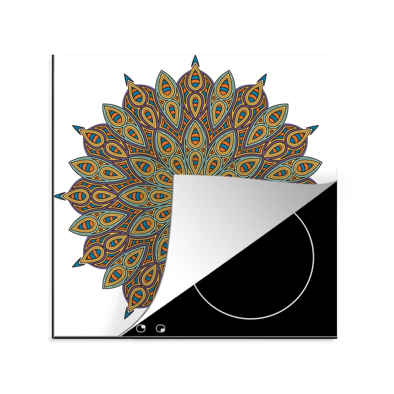 MuchoWow Herdblende-/Abdeckplatte Mandala mit Blattform, Vinyl, (1 tlg), 78x78 cm, Ceranfeldabdeckung, Arbeitsplatte für küche