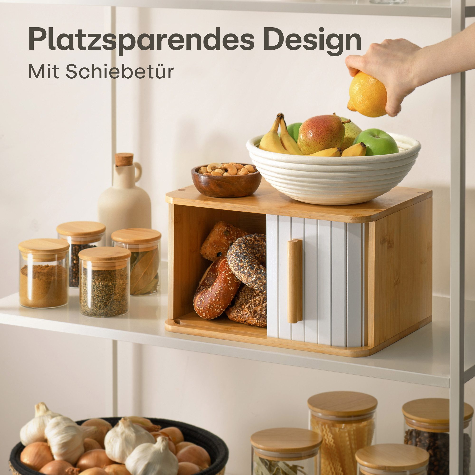 Praknu Brotkasten Brotkasten klein aus FSC® Holz mit Schiebetür - Brotaufbewahrung, Bambus, FSC® Holz - Platzsparend und stilvolle Brotbox für längere Frische – Bild 4 von 5