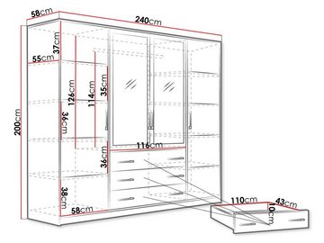 MIRJAN24 Kleiderschrank Bali 240 (4-Drehtüren und 3 Schubladen) mit Frontspiegel, Schwarze Griffe