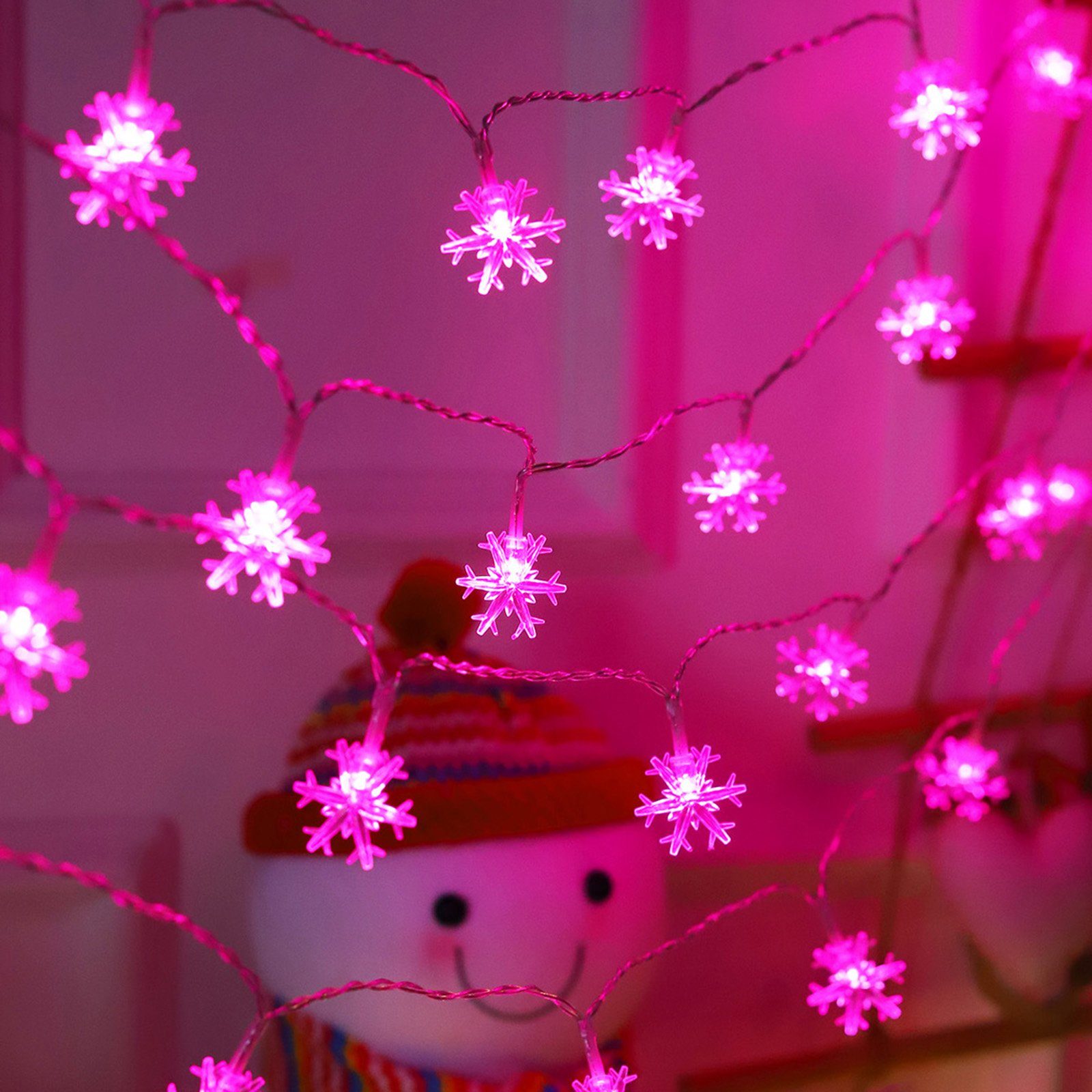 Rosnek LED-Lichterkette Lichtervorhang,Schneeflocke,Batteriebetriebene, Weihnachten Deko Rosa