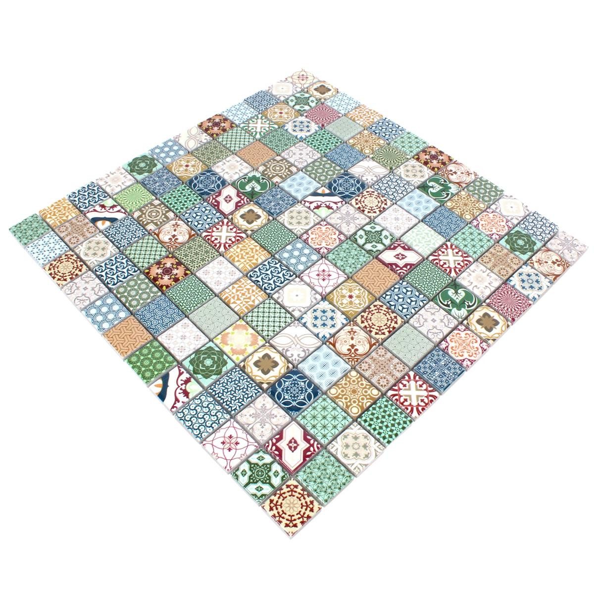 Mosafil Mosaikfliesen Keramikmosaik Fliesen Retro Vintage Optik Hebron Bunt Duo, Keramik 30.000x30.000, weiß-rot-beige-braun-grau-grün-blau-gelb-bunt, Verlegefertig auf ein Netz geklebt - Frostsicher - Wasserfest