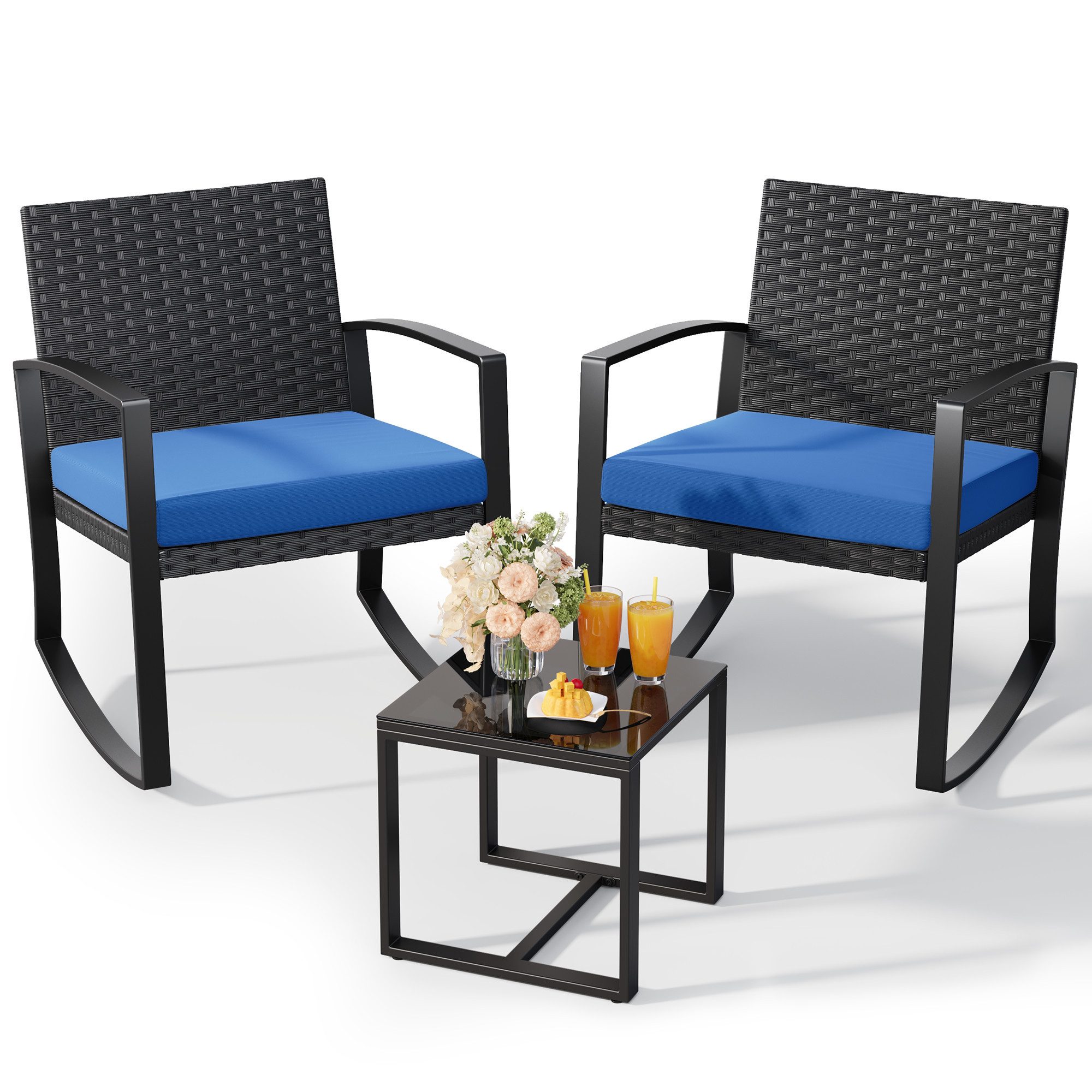 Blishom Balkonset Schaukelstuhl Set 3-teilig, Gartenmöbel Bistro Set, 3-tlg. Sitzgruppe Schaukelstuhl, abnehmbare Sitzauflagen, platzsparend