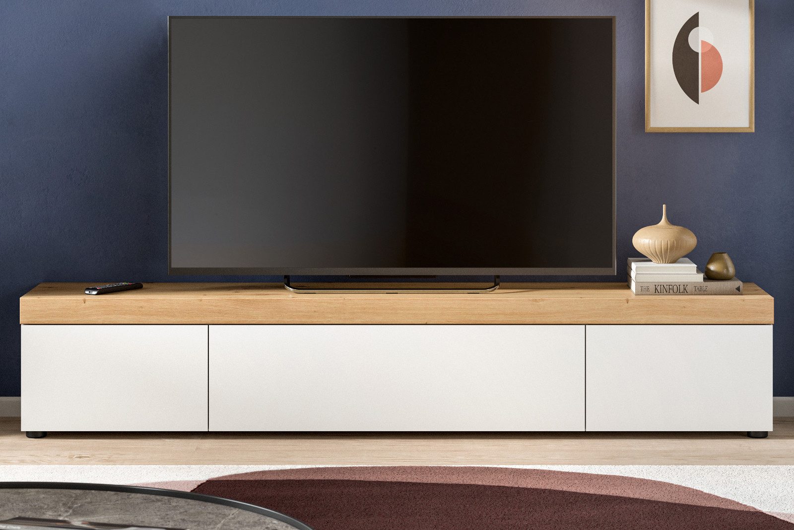 Inn.Furn Lowboard Siena (TV Unterschrank in weiß mit Eiche, hängend / stehend, Breite 180 cm), mit Push-To-Open und Soft-Close