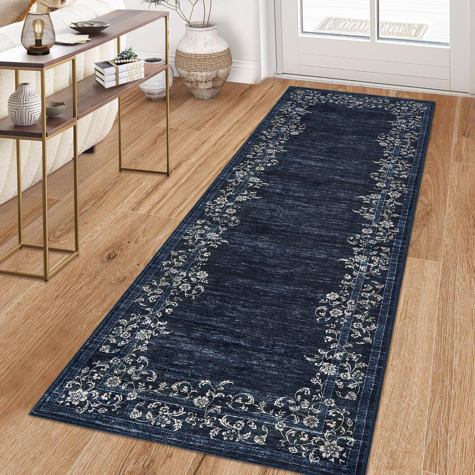 GarveeMore Veloursteppich Waschbarer Vintage Teppich Designteppich Läufer mit floraler Bordüre, Moderner Kurzflor, rutschfest, pflegeleicht & schmutzabweisend