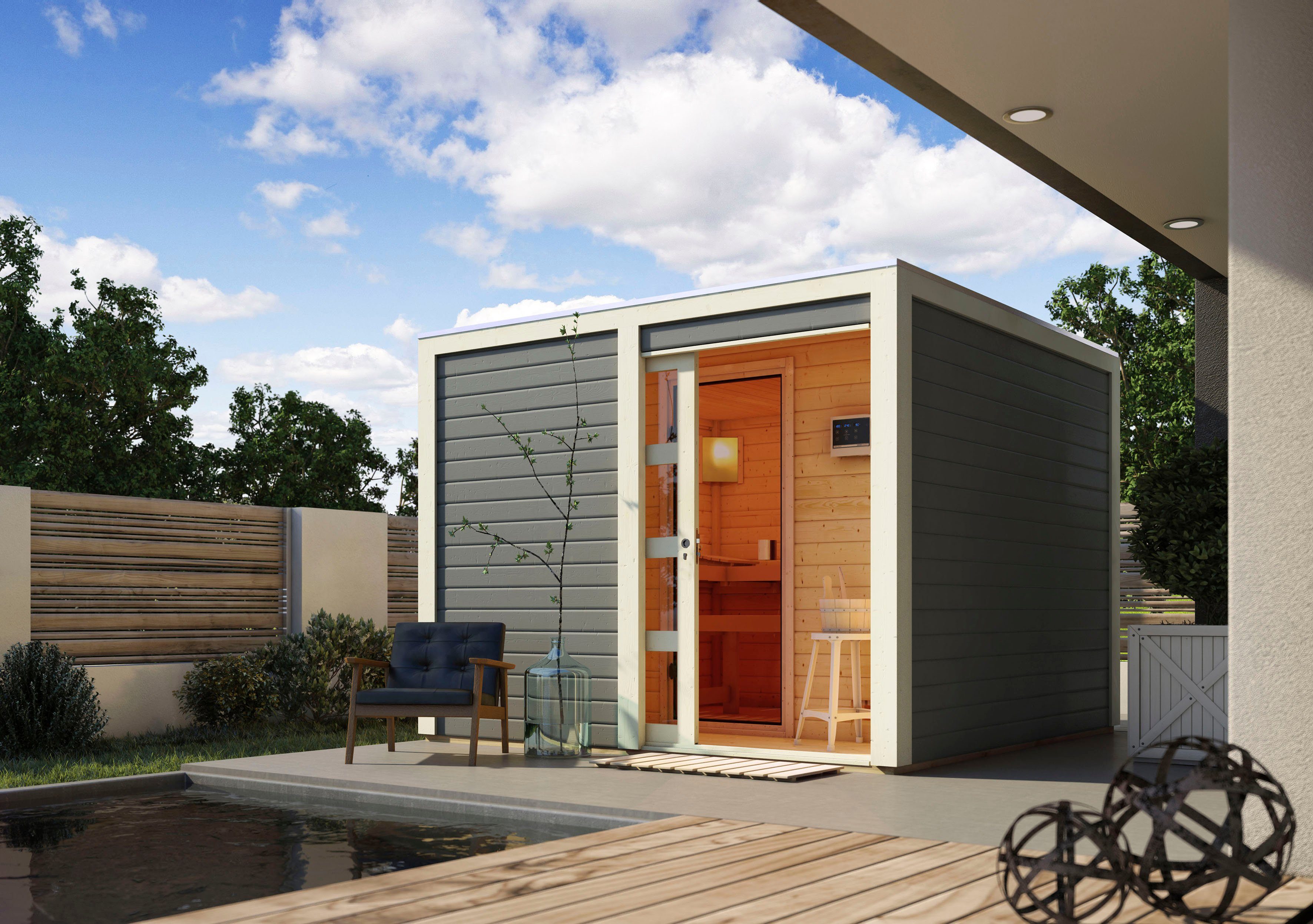 KONIFERA Saunahaus Ruben, BxTxH: 276 x 276 x 210 cm, 38 mm, (Set) Ofen 9 KW externe Strg easy