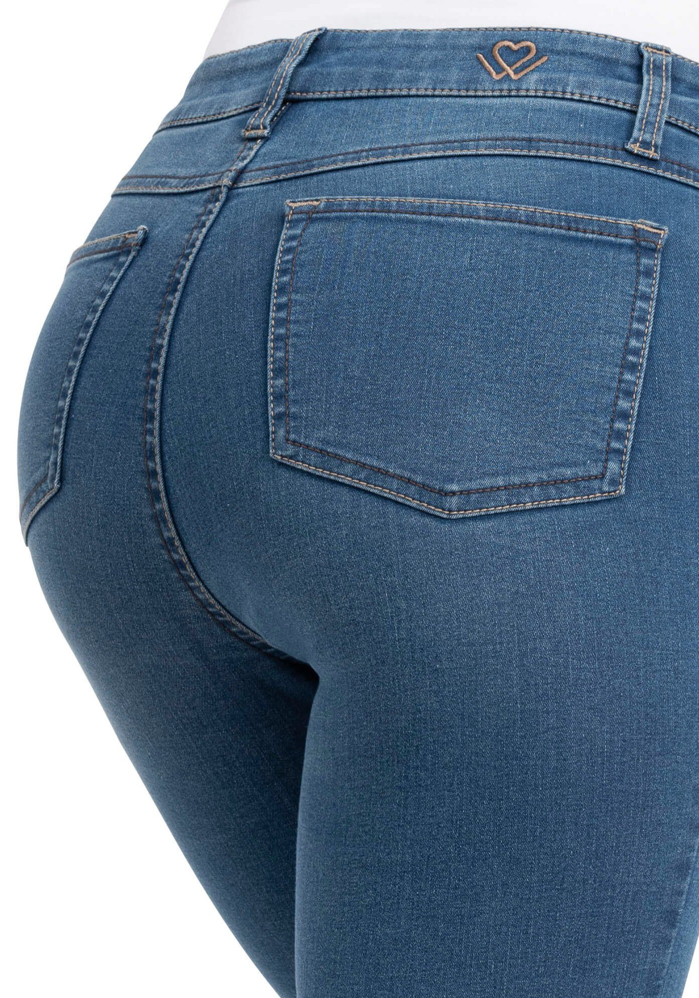 wonderjeans High-waist-Jeans High Waist verkürztem super Bein blue Hoch geschnitten mit WH72 leicht stonewash
