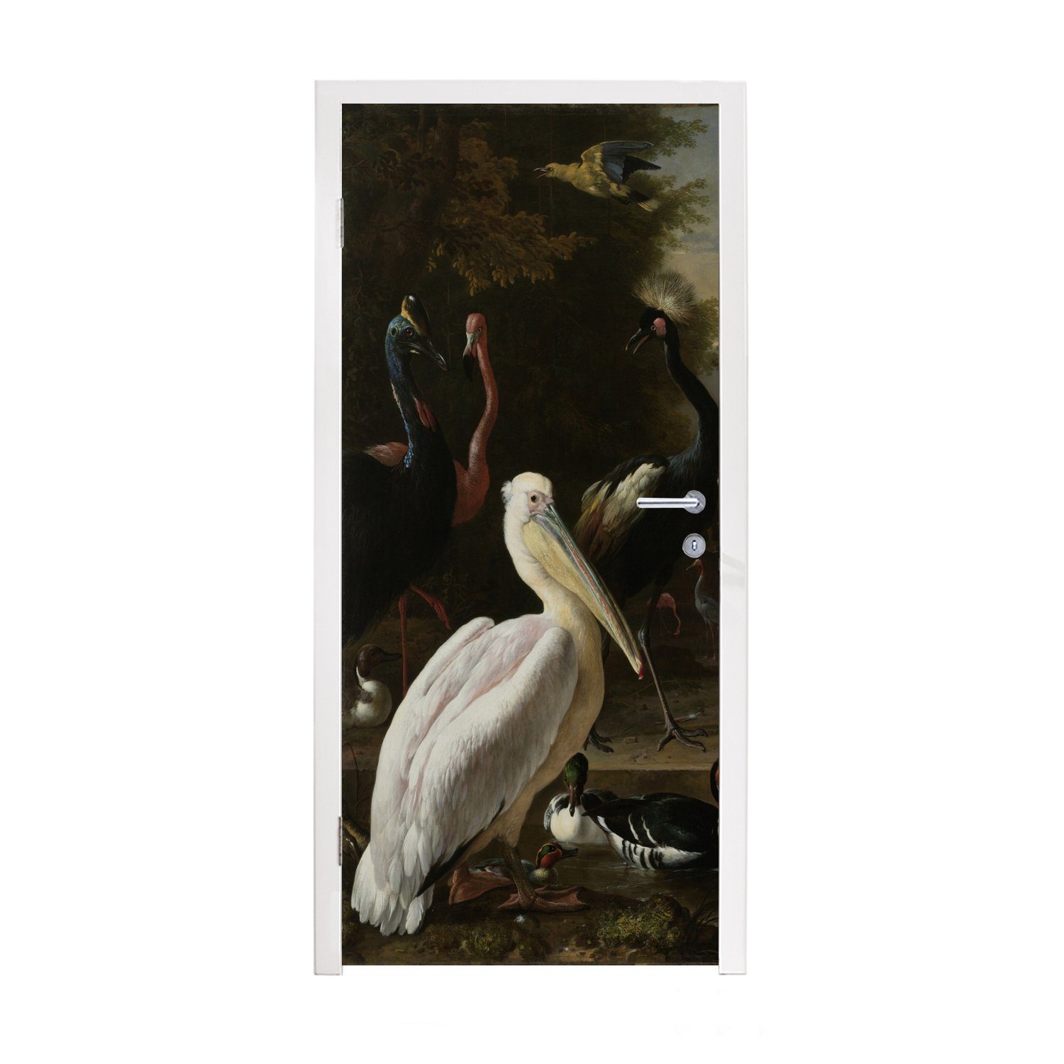MuchoWow Türtapete Ein Pelikan und andere Vögel in der Nähe eines Wasserbeckens - Gemälde, Matt, bedruckt, (1 St), Fototapete für Tür, Türaufkleber, 75x205 cm