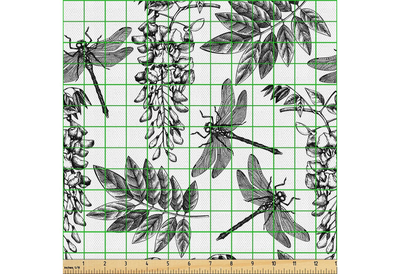 Thumbnail - Abakuhaus Stoff Schön Gewebten Stoff für Polster und Wohnaccessoires, Libelle Wisteria Blumen Sketch