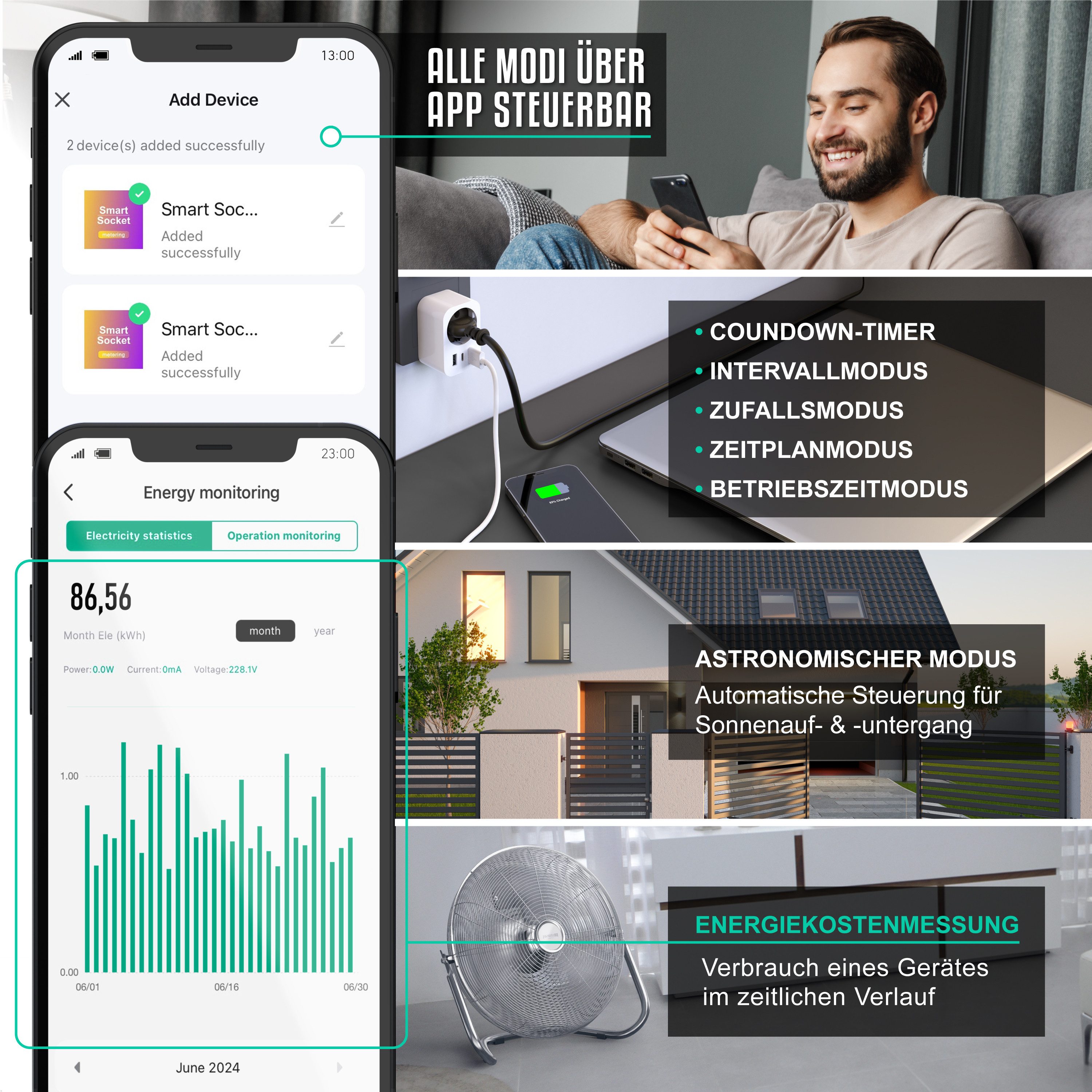 BEARWARE WLAN-Steckdose mit USB, 2,4Ghz WiFi Fernsteuerung per Smart life App, Sprachsteuerung, 1-St., Zeitschaltuhr, Energiekostenmessgerät, USB-Ladegerät, Countdown Timer