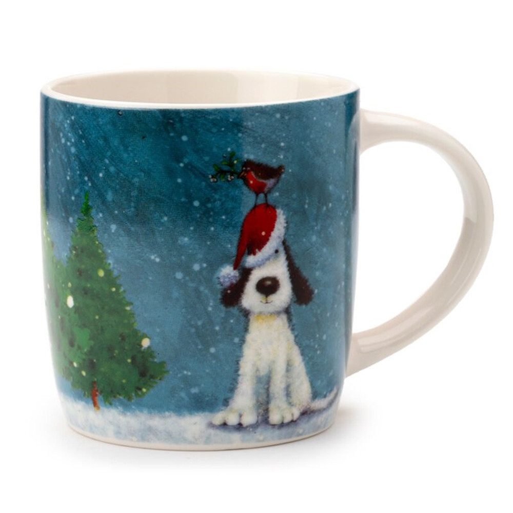 Puckator Tasse Weihnachtstasse aus Porzellan mit Hund & Rotkehlchen für ca. 300ml, Porzellan