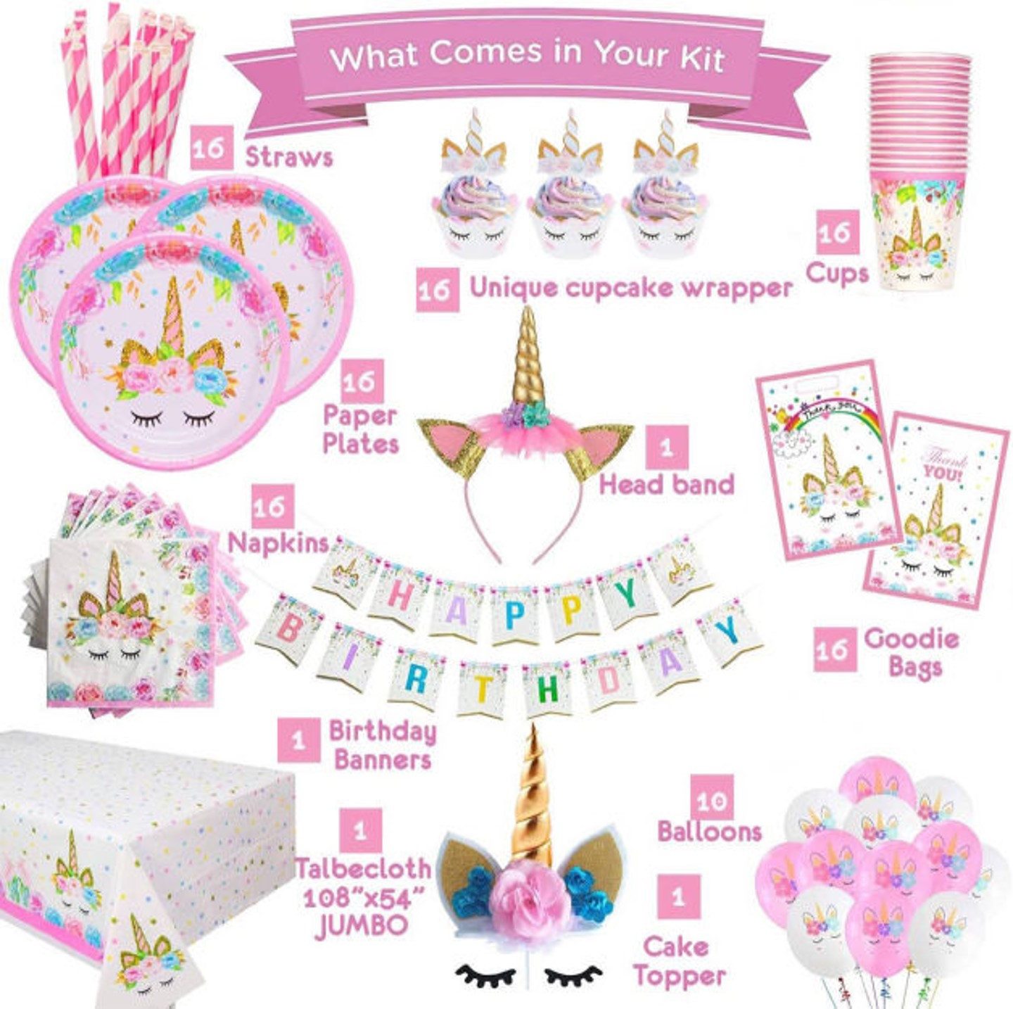 PartyFlamingo Kuchenteller Einhorn Party Set für 16 Gäste – Teller & Party Deko All Inclusive