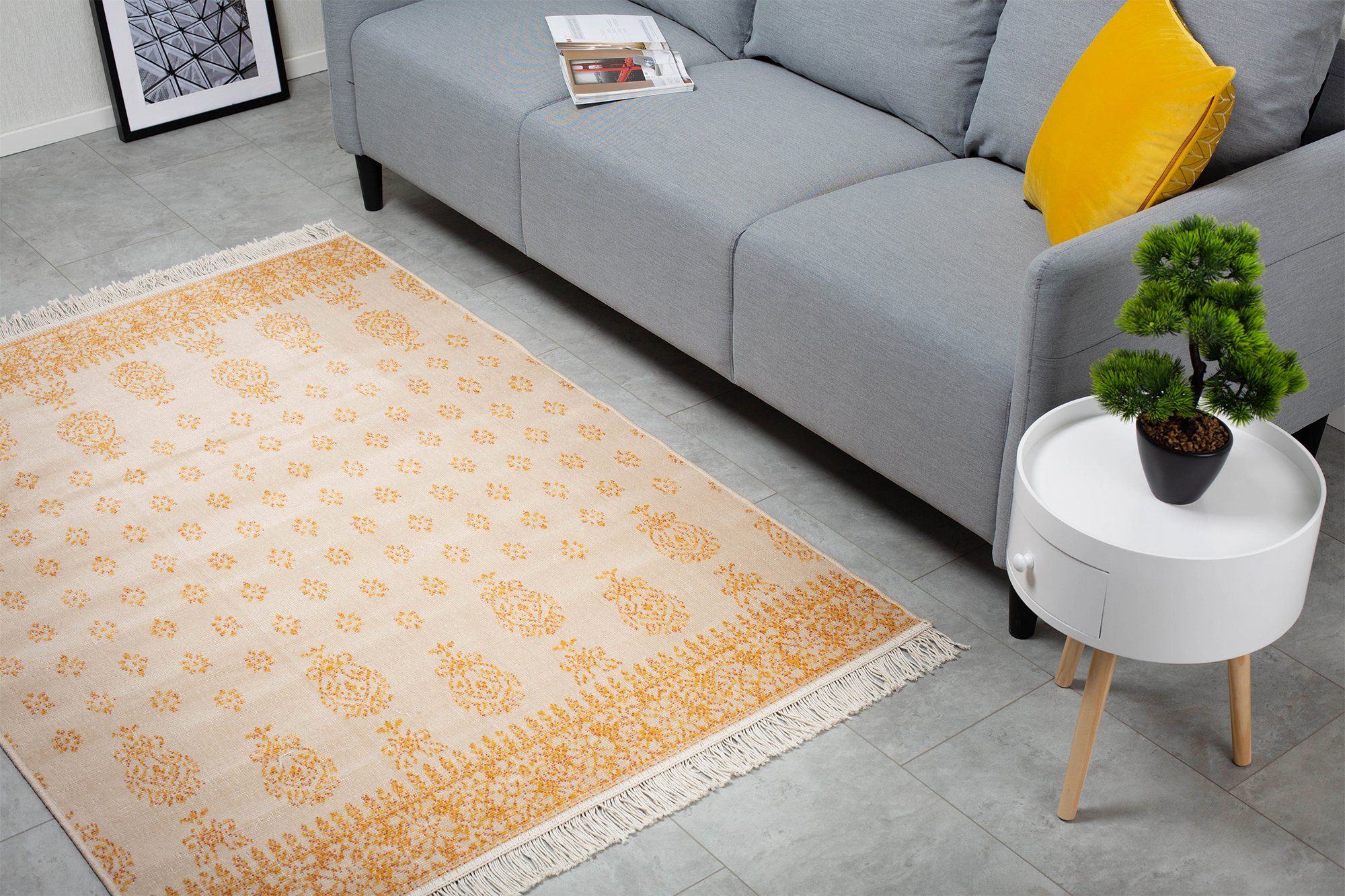Baumwolle LUIS DomDeco Wohnzimmer/Schlafzimmer/Esszimmer, flexibel faltbar Teppich recycelte im Fransenteppich - für und Beige-orange Kunstfaser, Ethno-Stil &